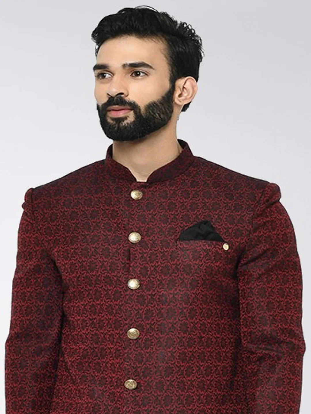 Men Maroon Textured Indowestern Churidar Set - Image 5