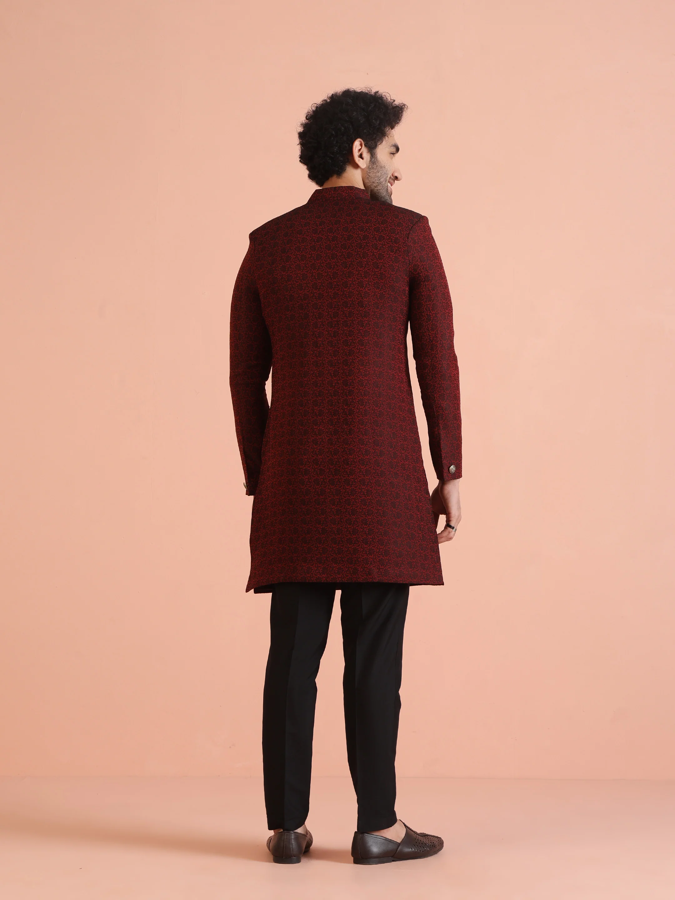 Maroon Jacquard Sherwani with Black Trouser - Image 3