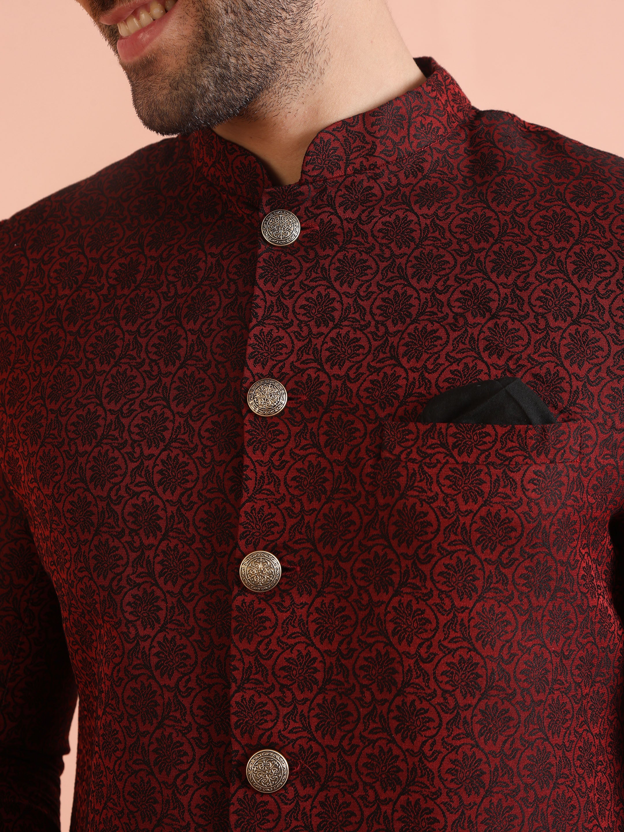 Maroon Jacquard Sherwani with Black Trouser - Image 5