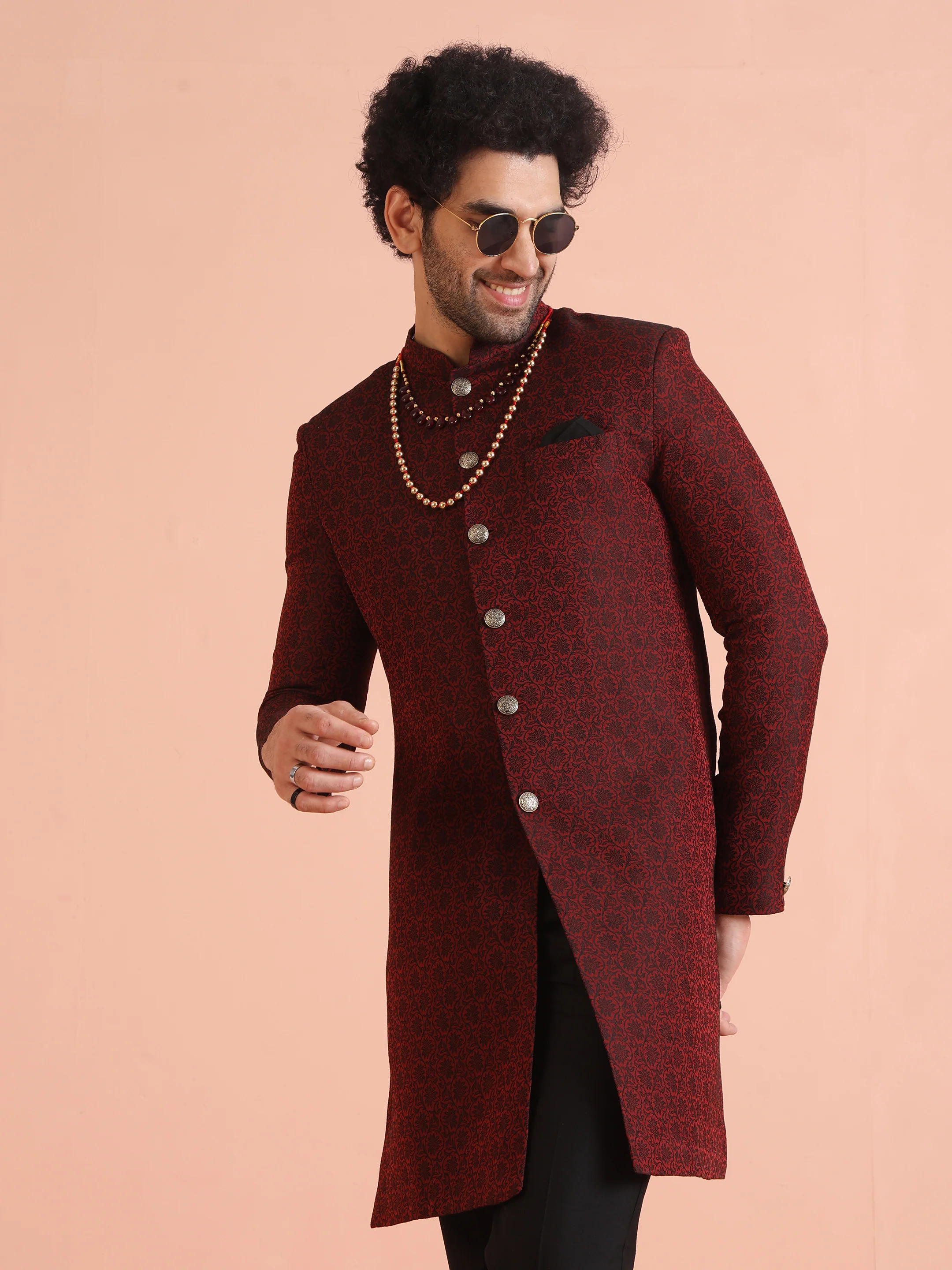 Maroon Jacquard Sherwani with Black Trouser - Image 7