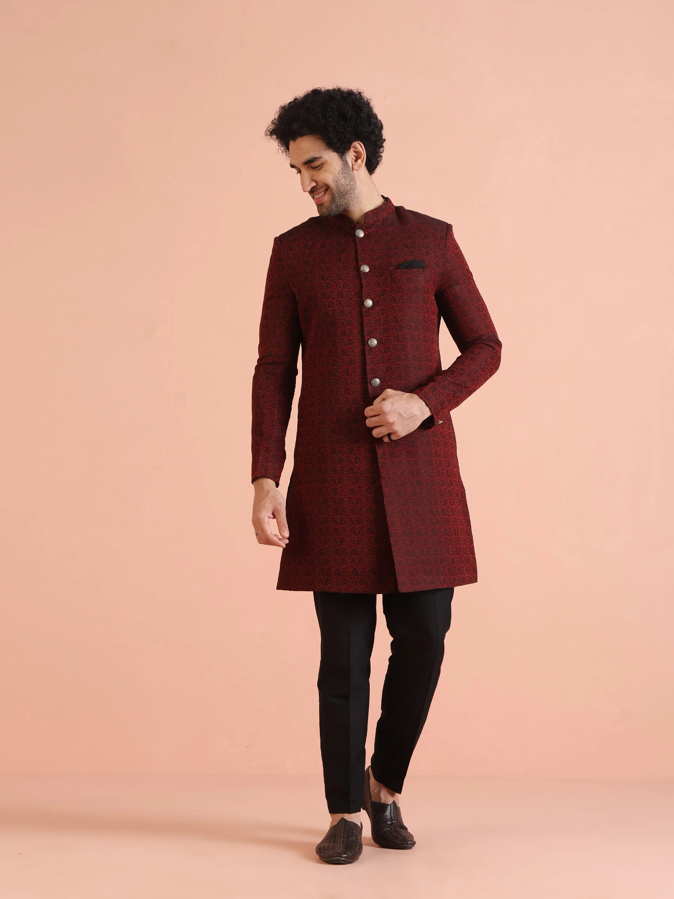 Maroon Jacquard Sherwani with Black Trouser - Image 9
