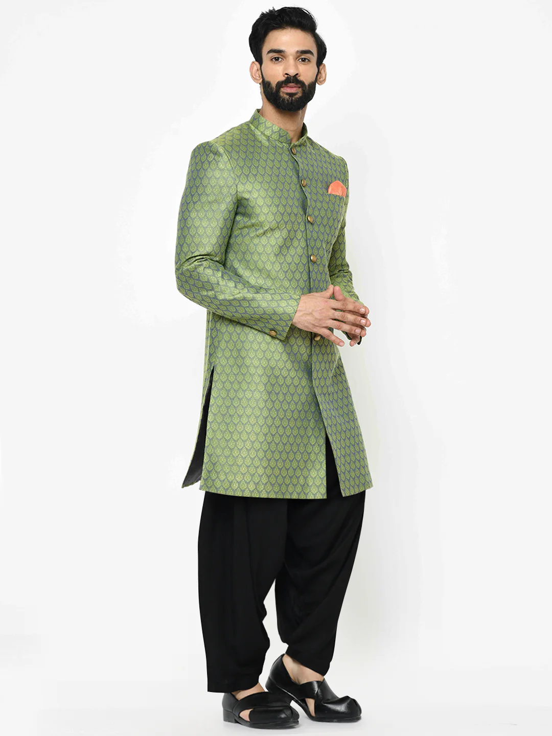 Men's Green Indowestern Set With Patiala - Image 2