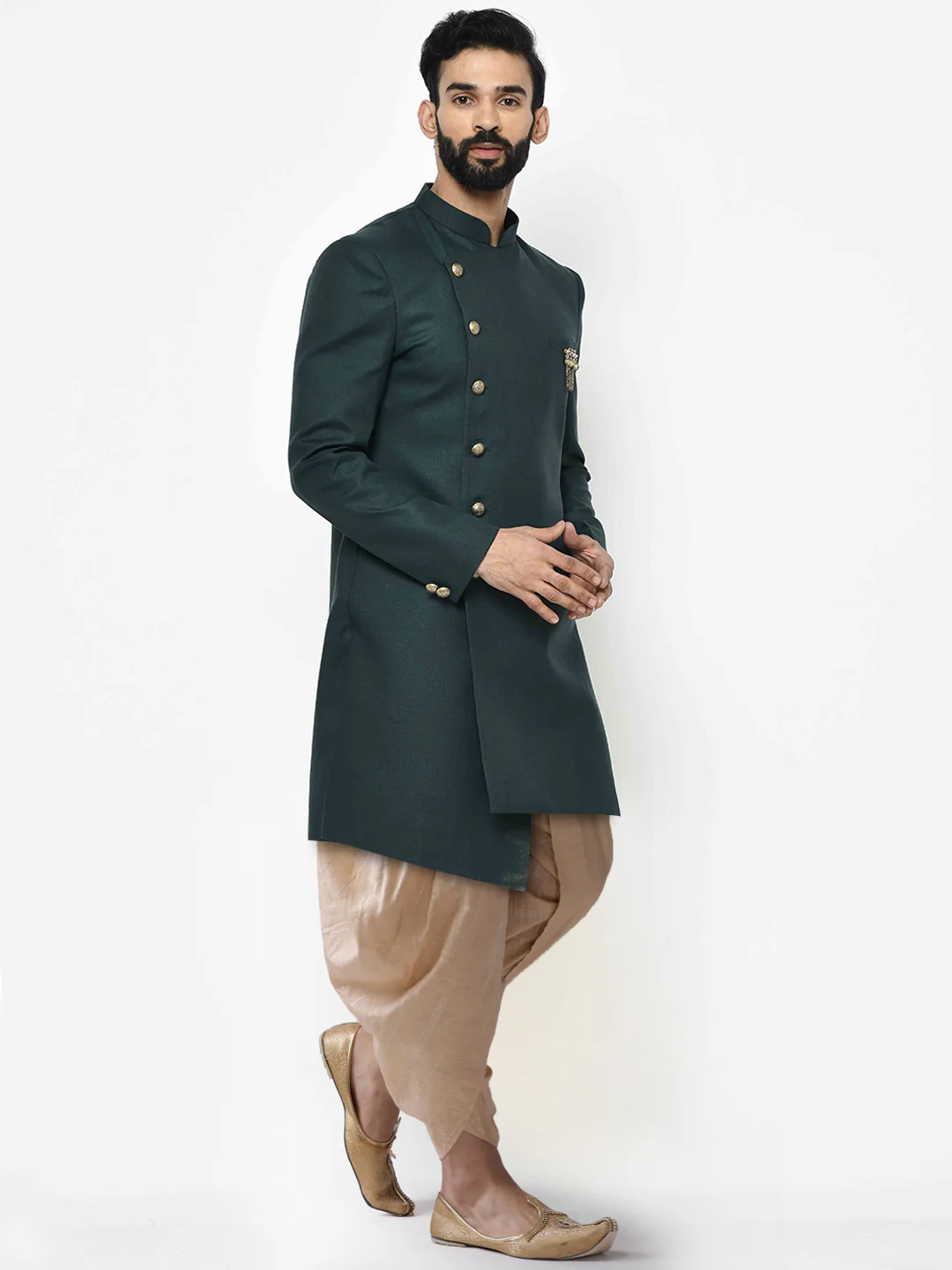 Dark Green Solid Sherwani with Golden Dhoti - Image 2
