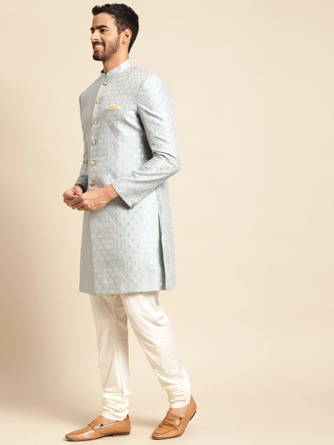 Men Blue Textured Indowestern Churidar Set - Image 3