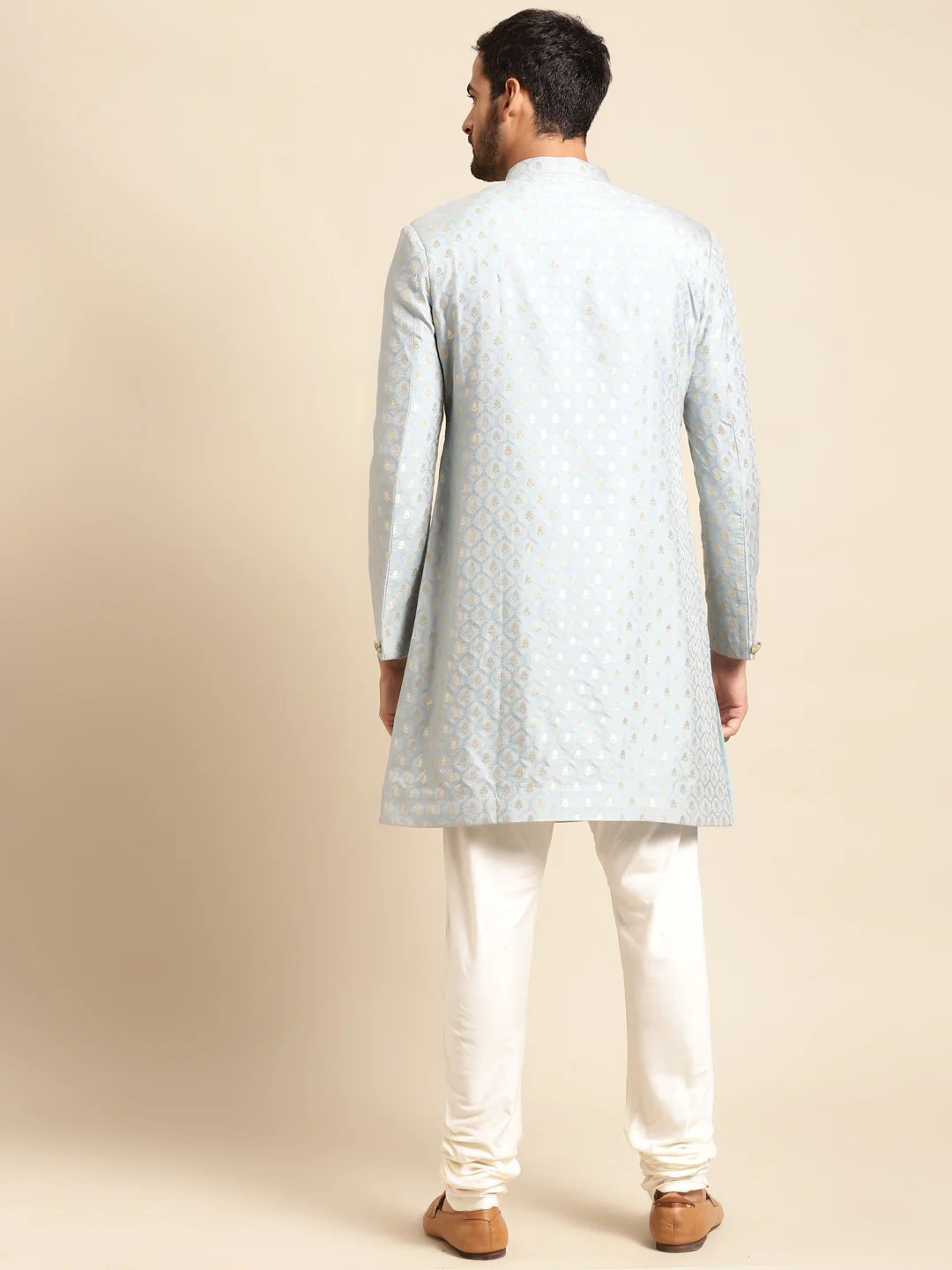 Men Blue Textured Indowestern Churidar Set - Image 4