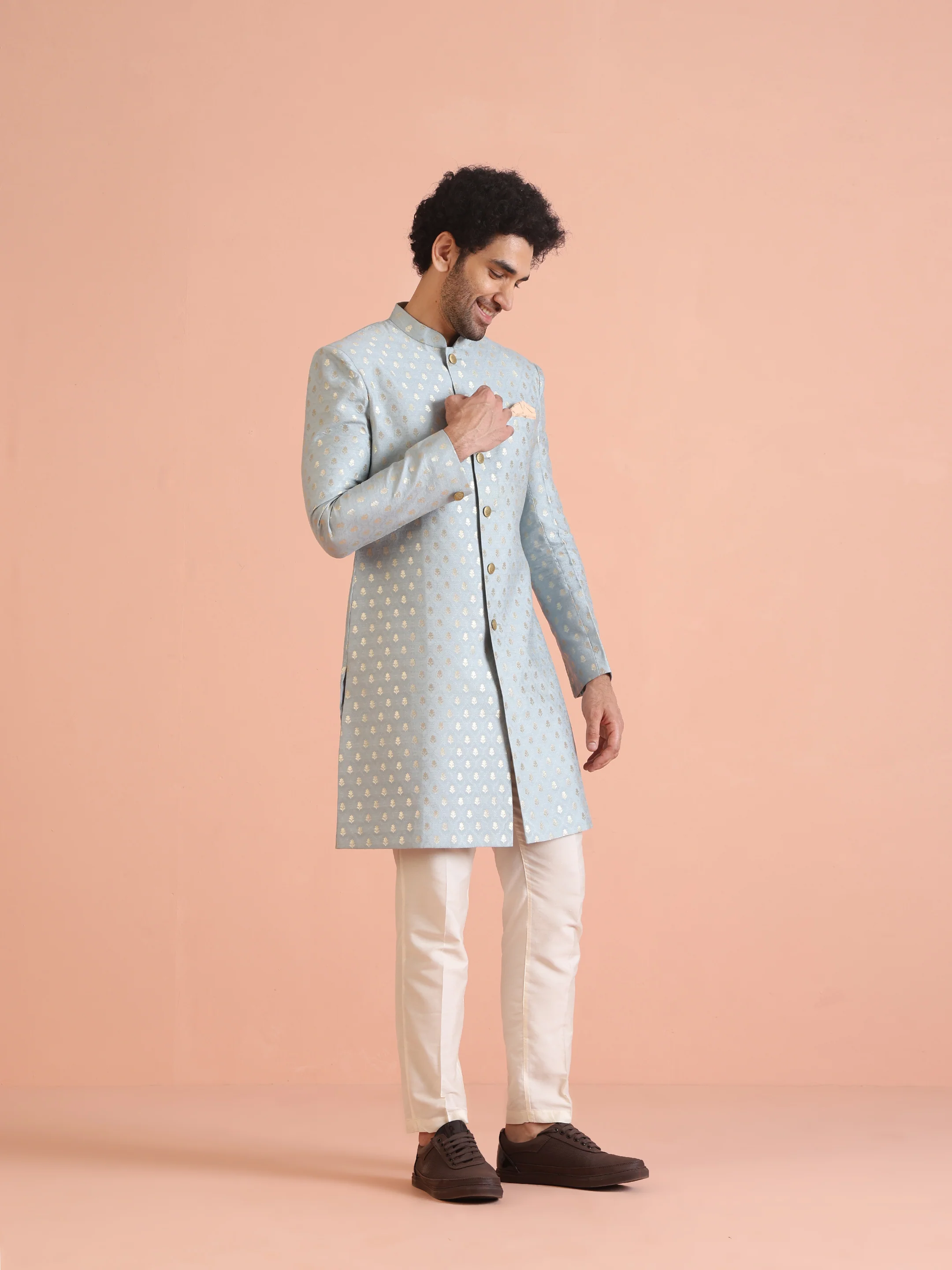 Men Blue Textured Indowestern Trouser Set - Image 3