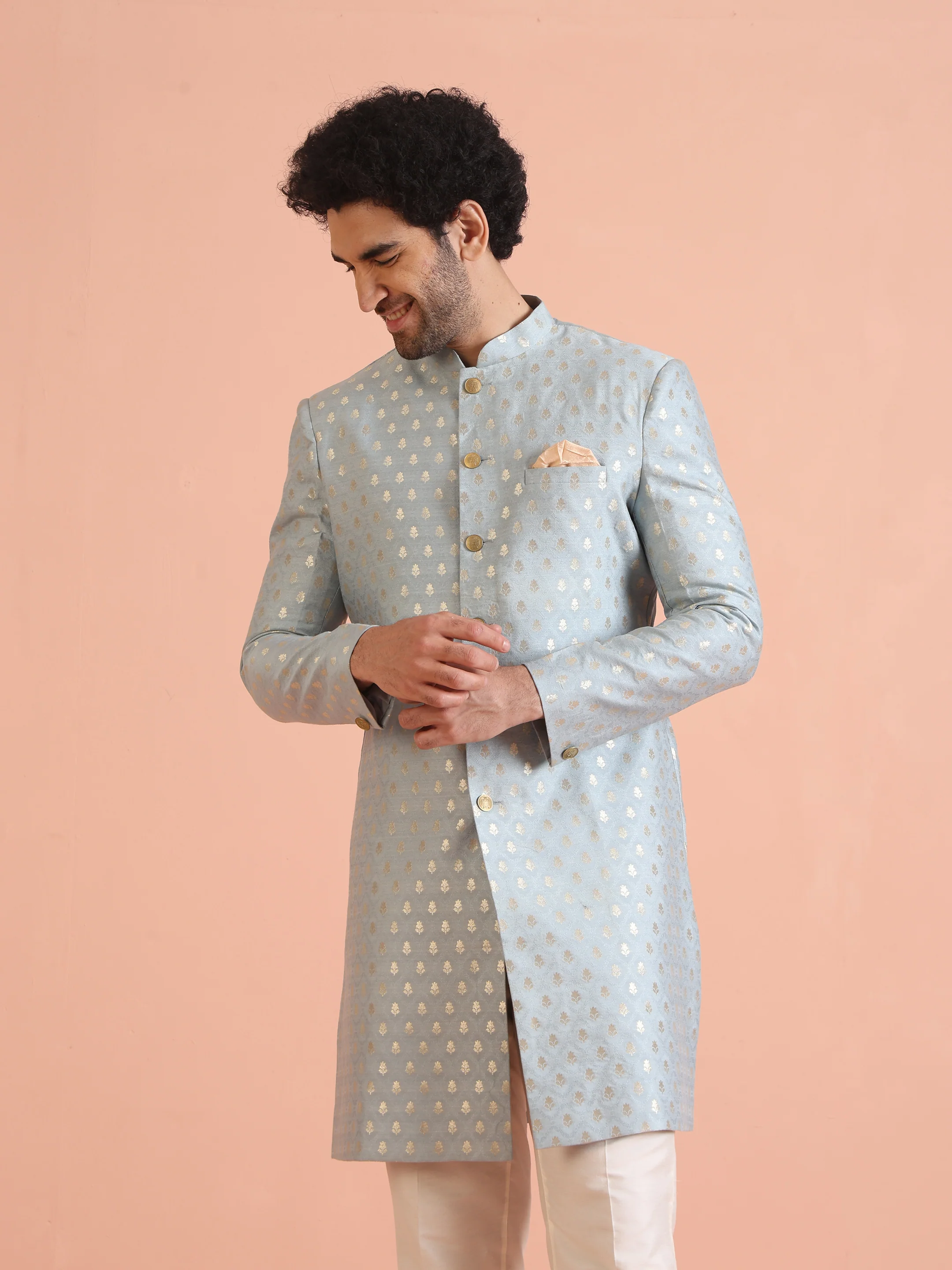 Men Blue Textured Indowestern Trouser Set - Image 6