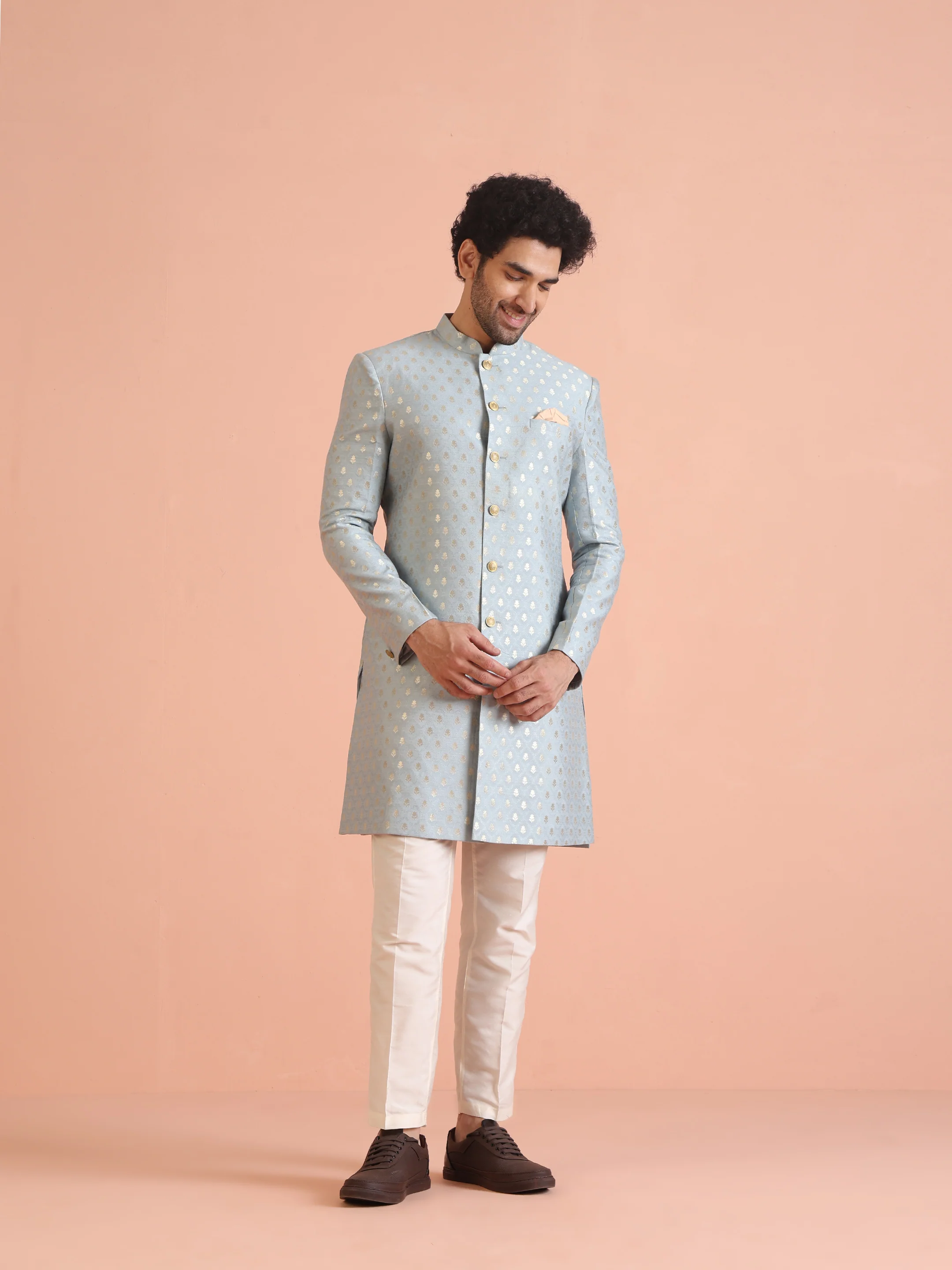 Men Blue Textured Indowestern Trouser Set - Image 7