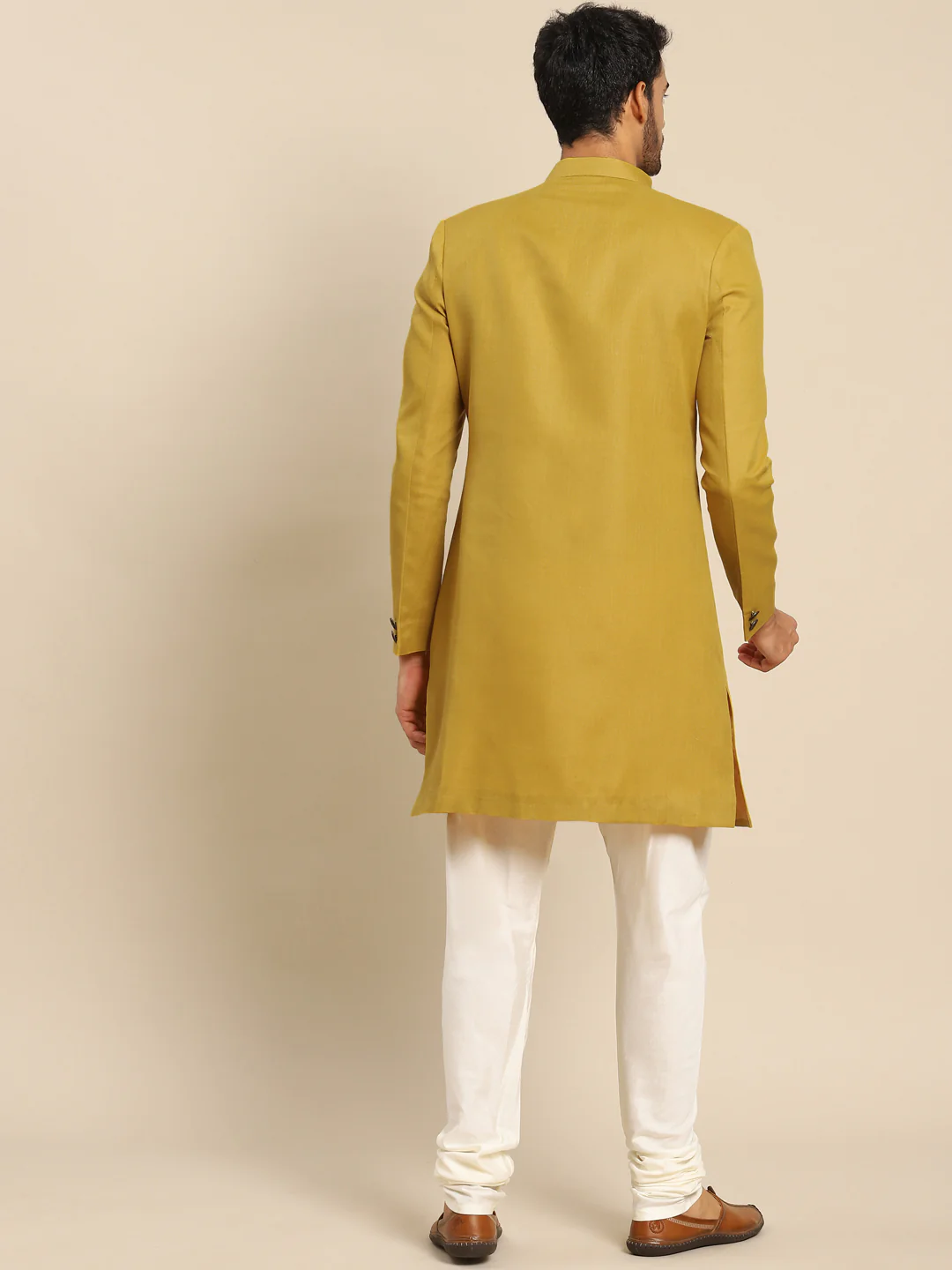 Men Mustard Yellow Solid Indowestern Churidar Set - Image 5