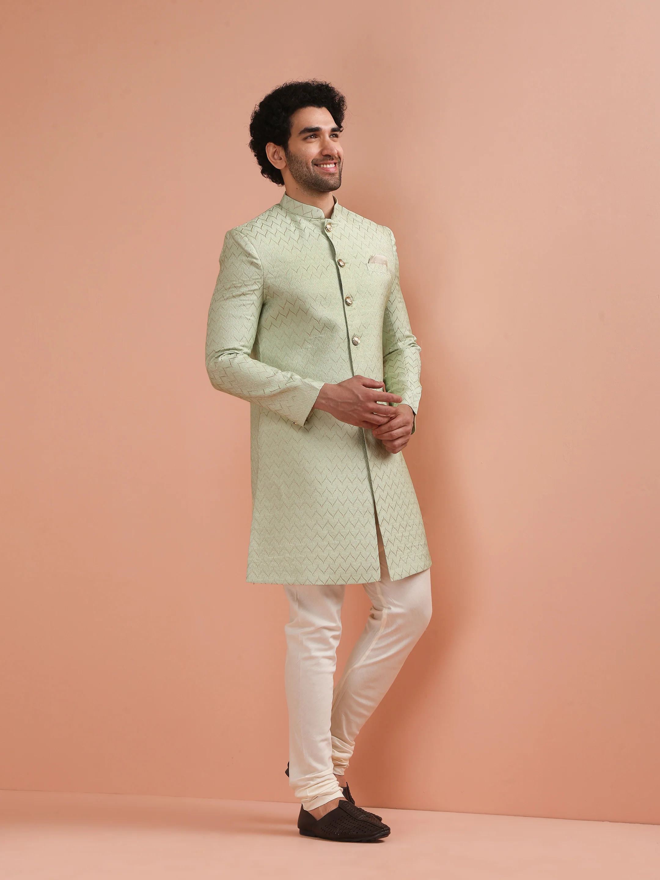 Men Green Jacquard Indowestern Churidar Set with Geometric - Image 3