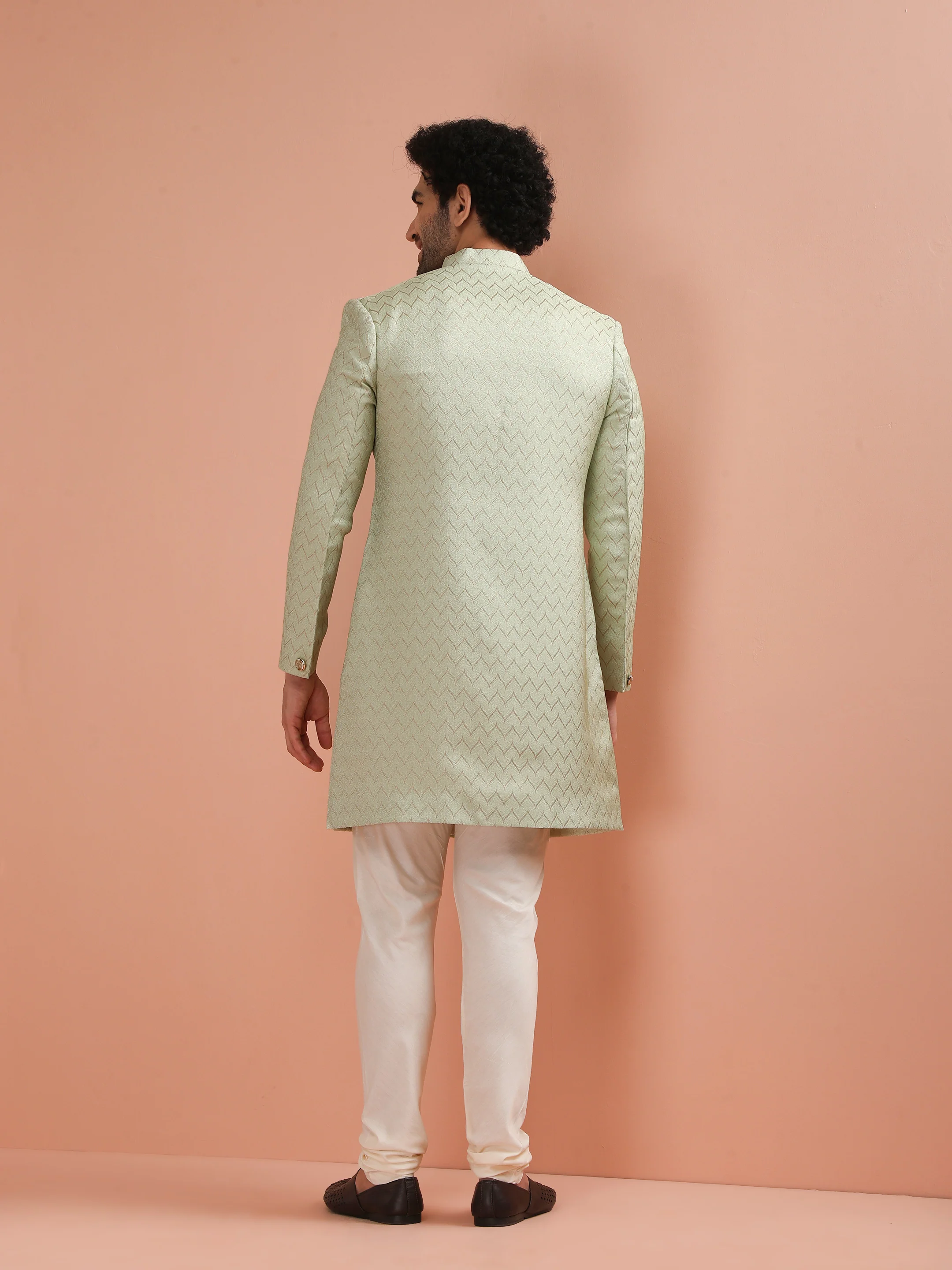 Men Green Jacquard Indowestern Churidar Set with Geometric - Image 4