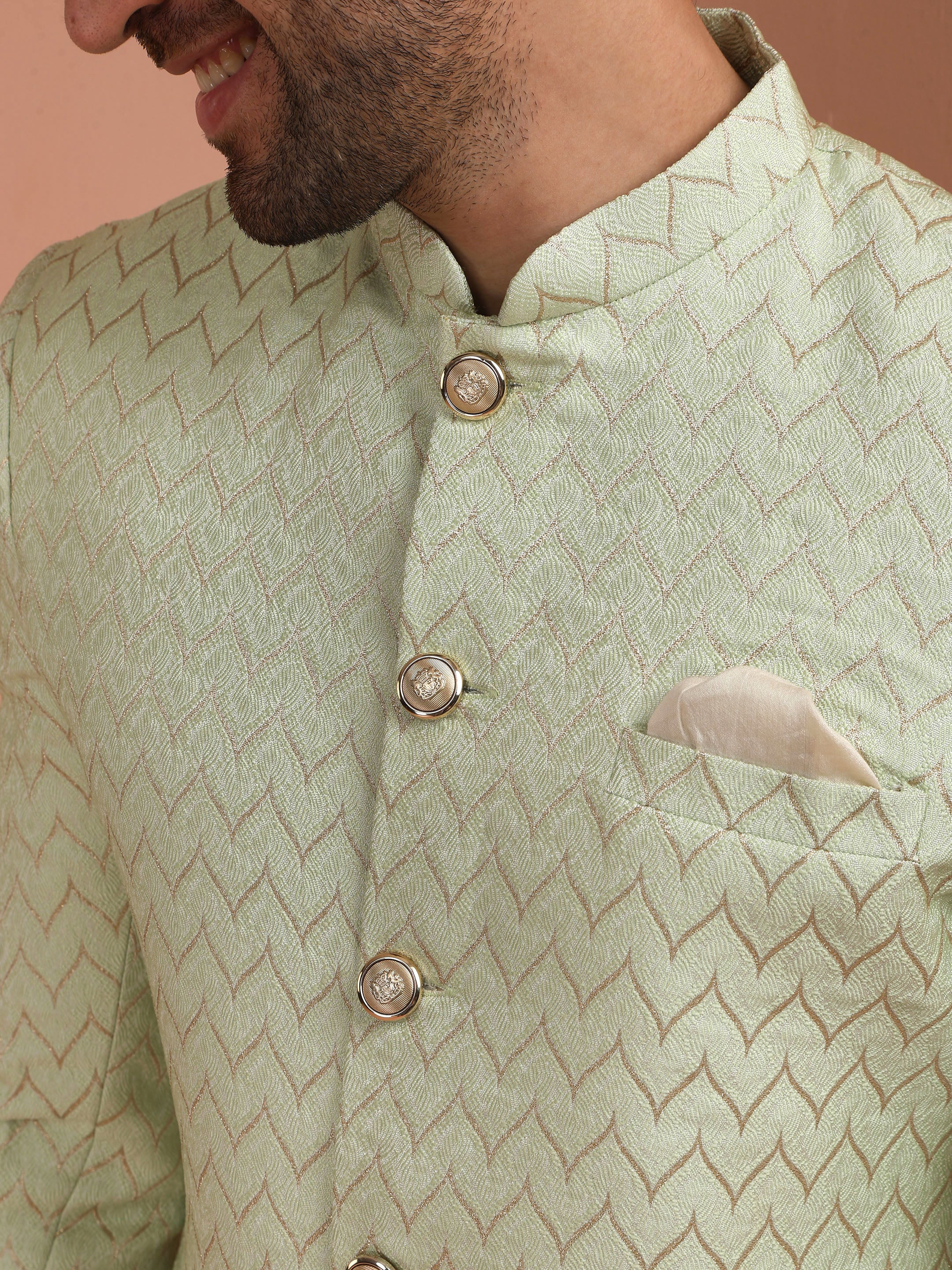 Men Green Jacquard Indowestern Churidar Set with Geometric - Image 5