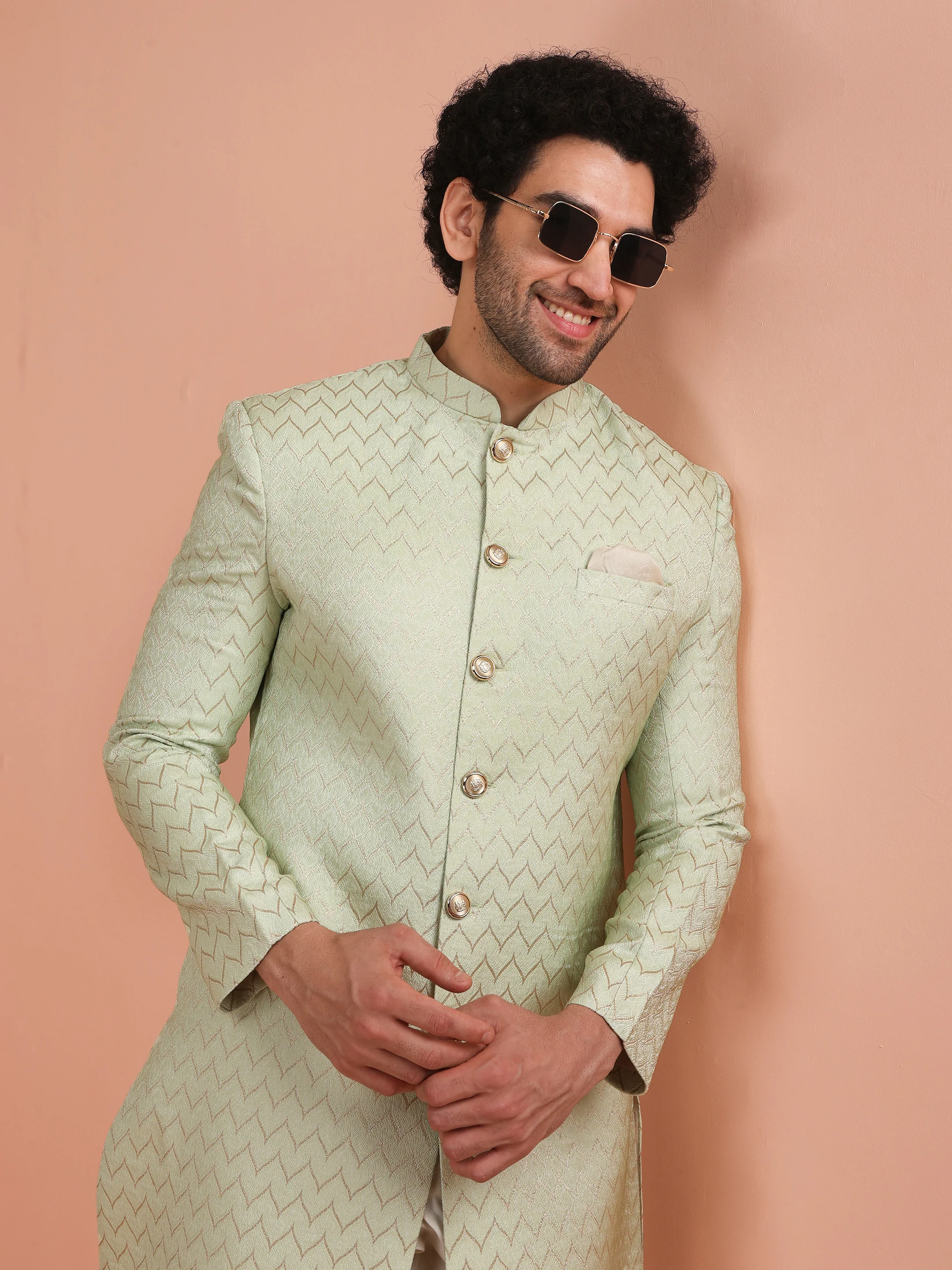 Men Green Jacquard Indowestern Churidar Set with Geometric - Image 7