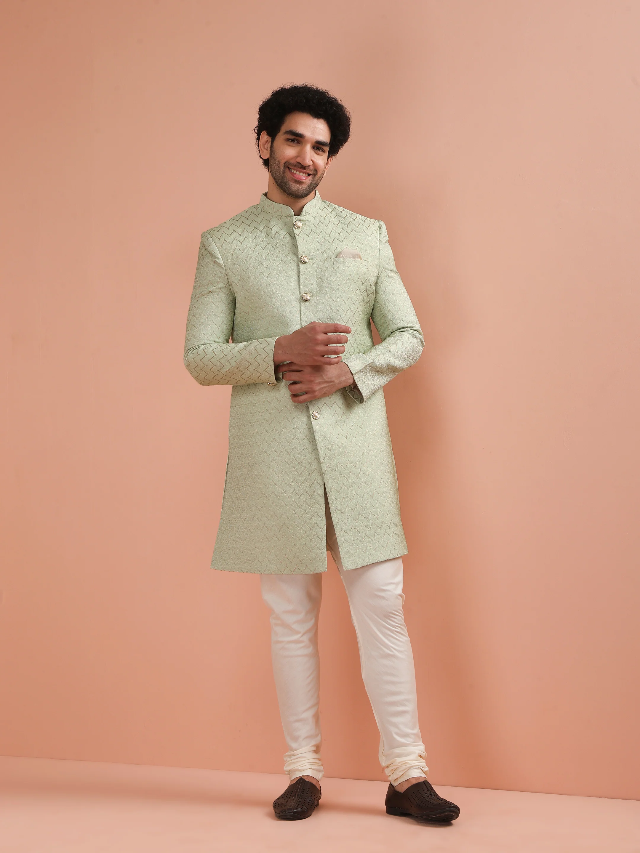 Men Green Jacquard Indowestern Churidar Set with Geometric - Image 8