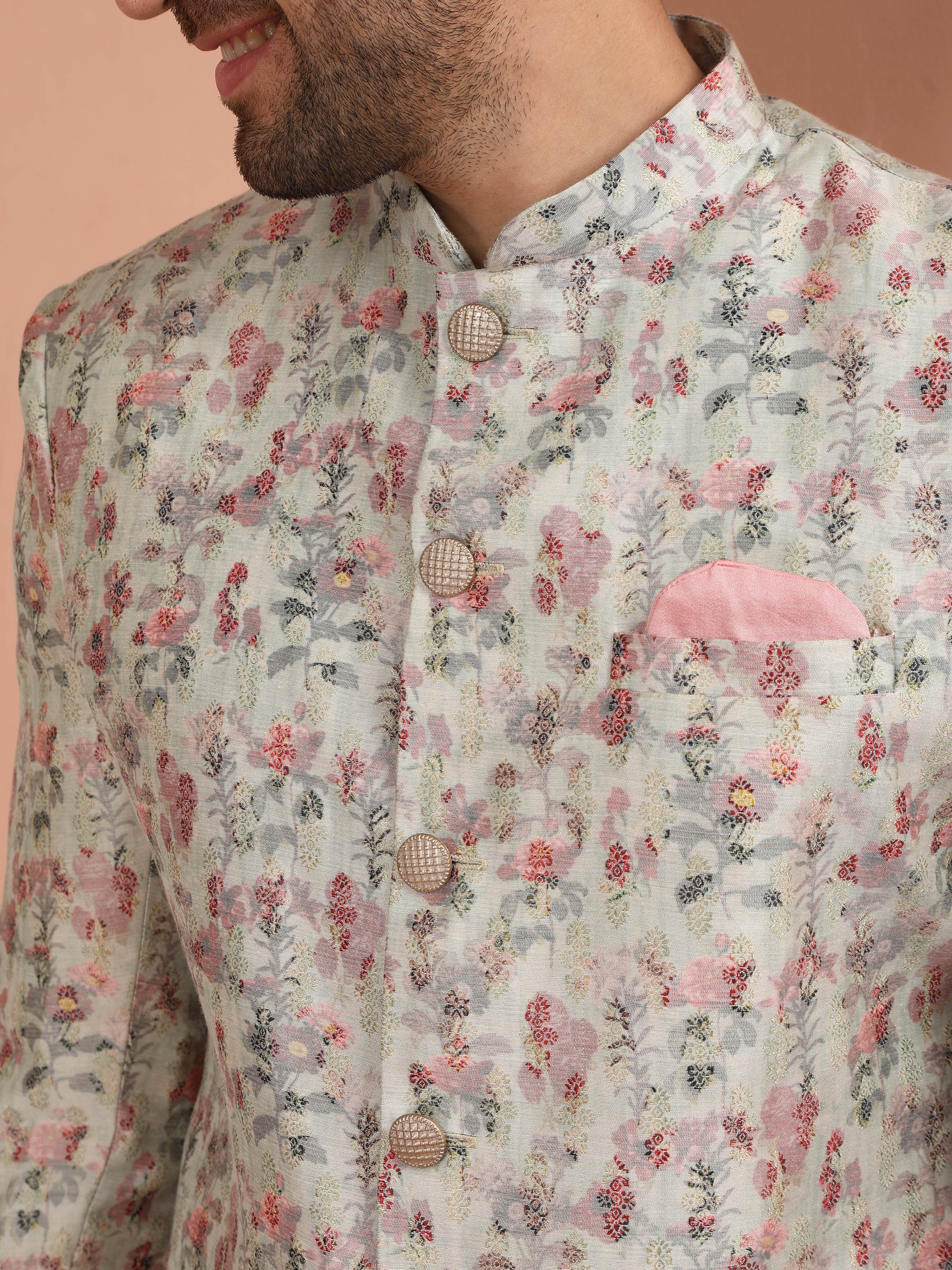 Beige Silk Blend Floral Achkan Sherwani with Pink Dhoti - Image 4
