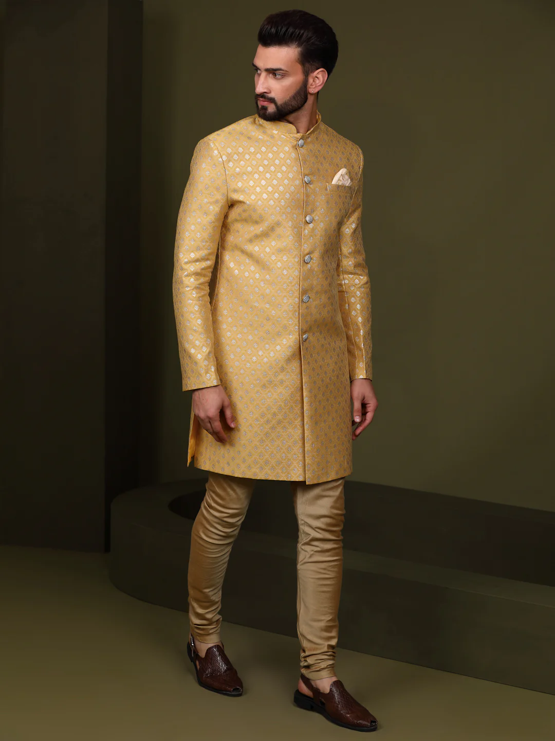 Men's Mustard Indowestern Set With Churidar - Image 2