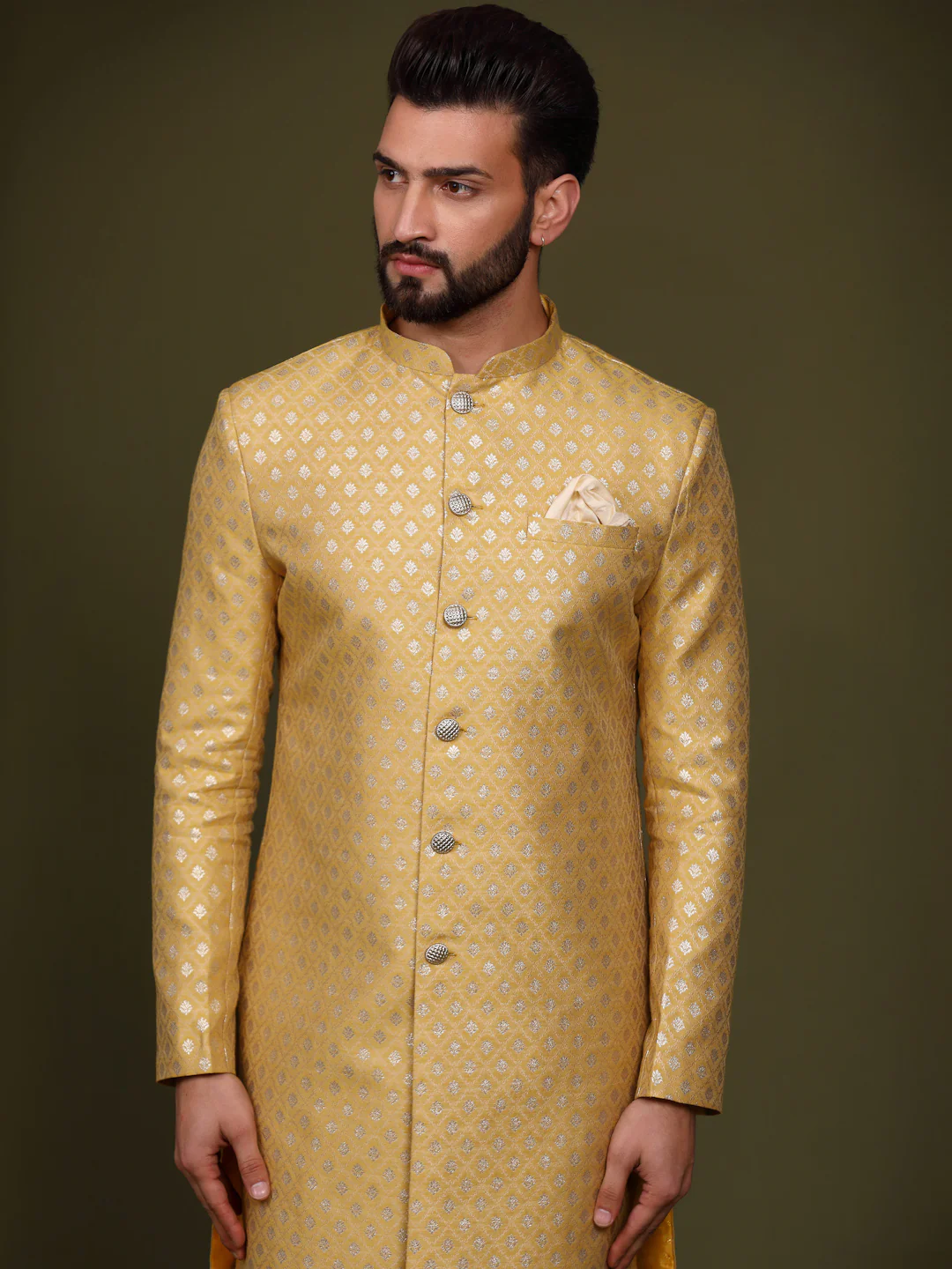 Men's Mustard Indowestern Set With Churidar - Image 3