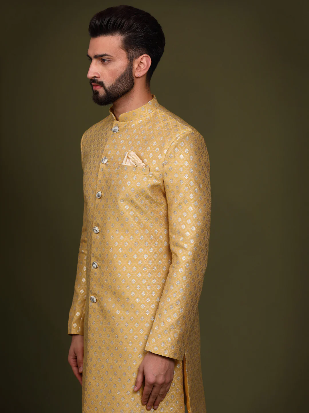 Men's Mustard Indowestern Set With Churidar - Image 4