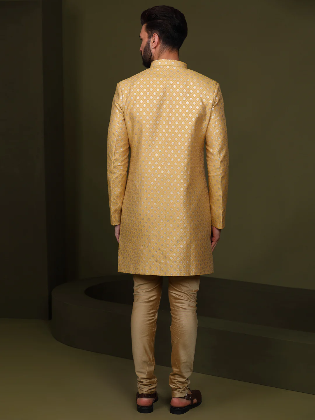 Men's Mustard Indowestern Set With Churidar - Image 6