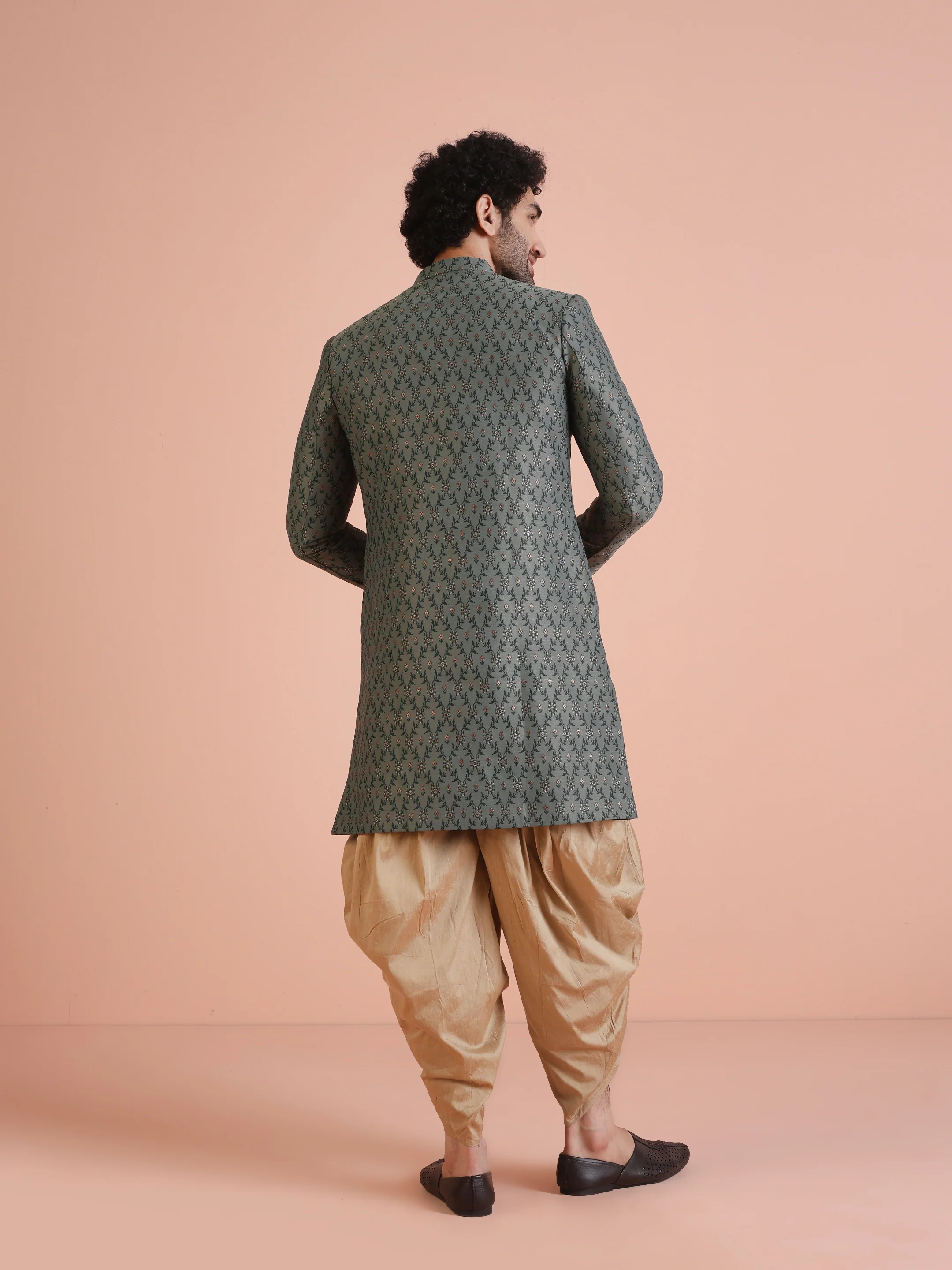 Men Olive Green Textured Indowestern Dhoti Set - Image 4