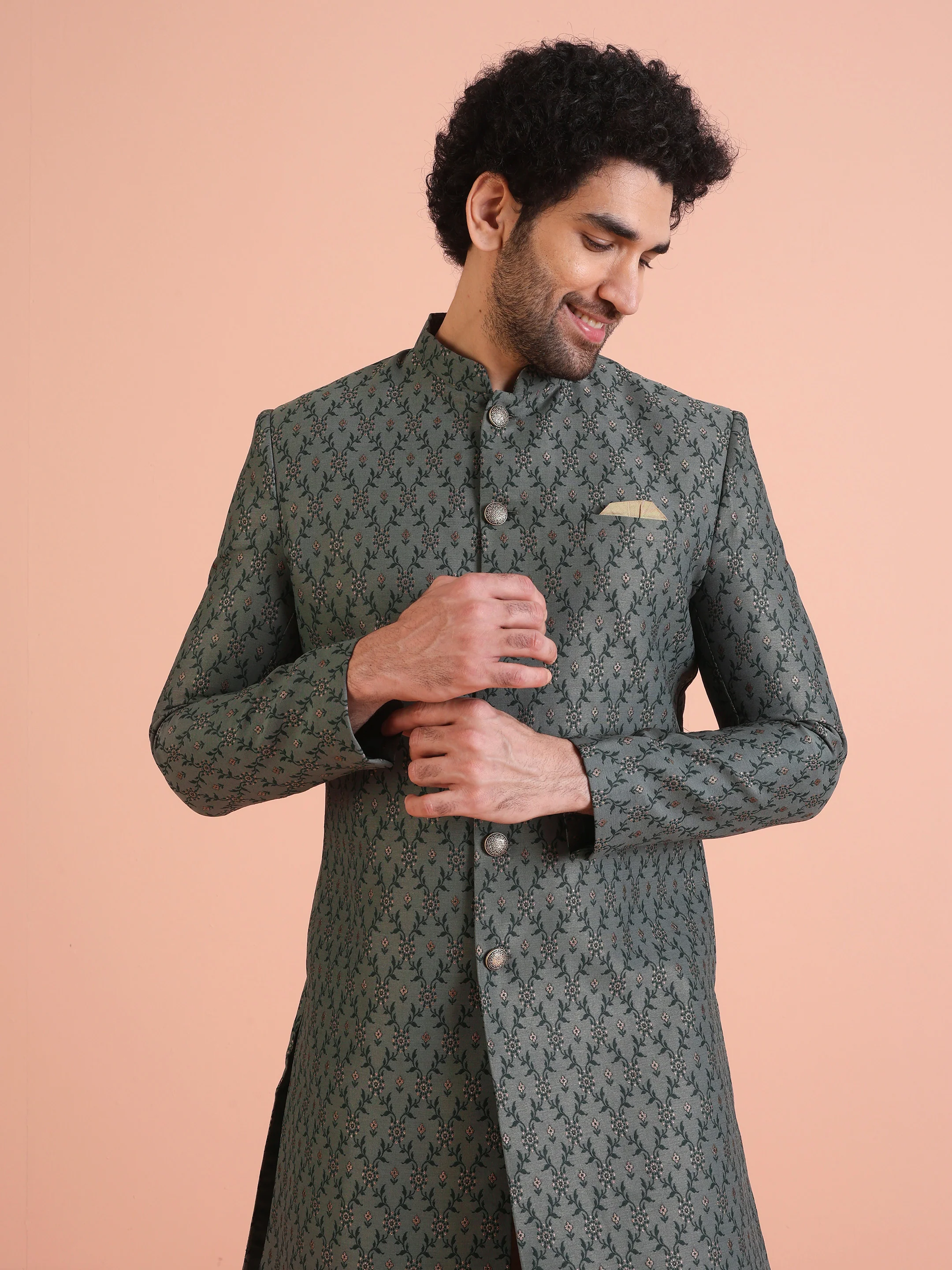 Men Olive Green Textured Indowestern Dhoti Set - Image 7