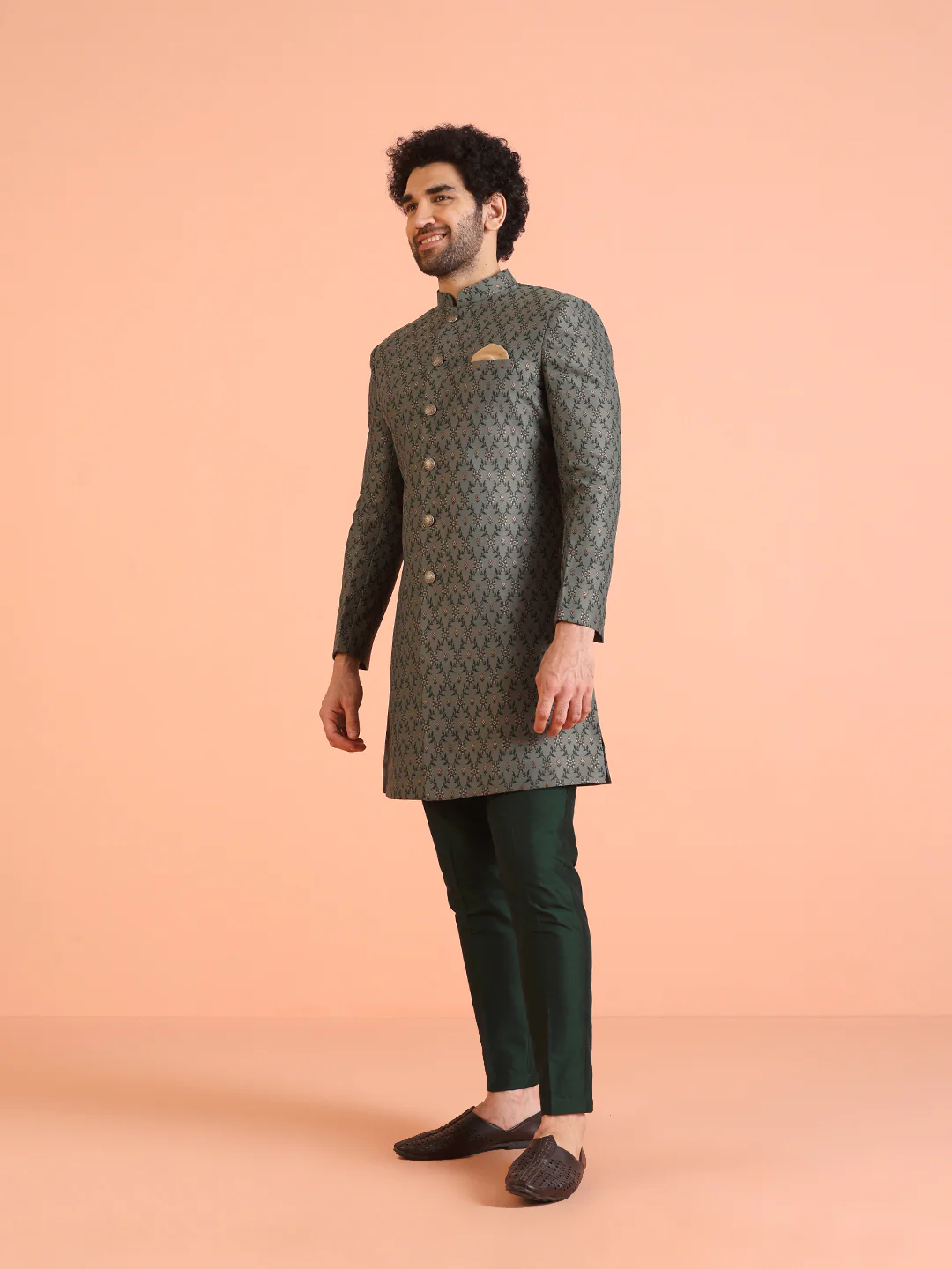 Olive Green Jacquard Sherwani Trouser Set - Image 3