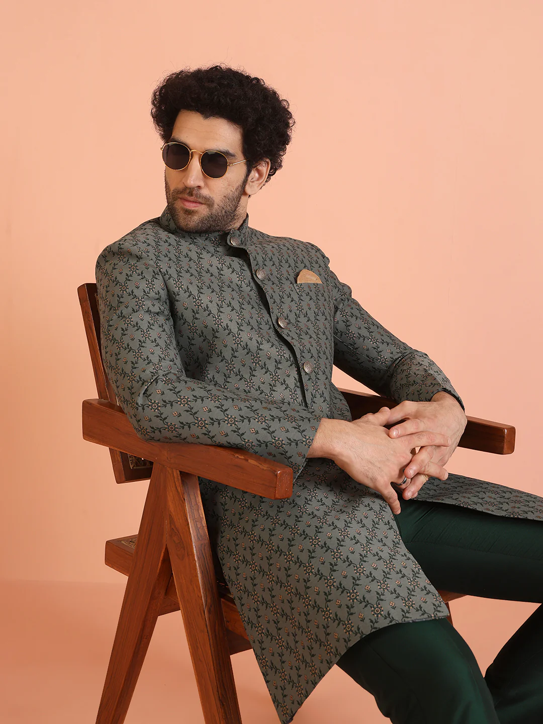 Olive Green Jacquard Sherwani Trouser Set - Image 7