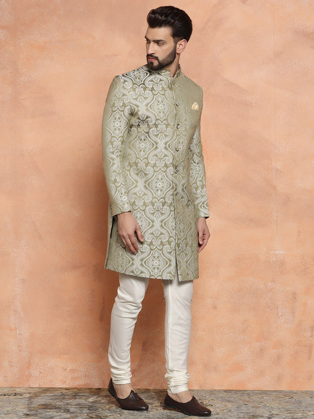 Light Green Textured Sherwani Churidar Set - Image 5