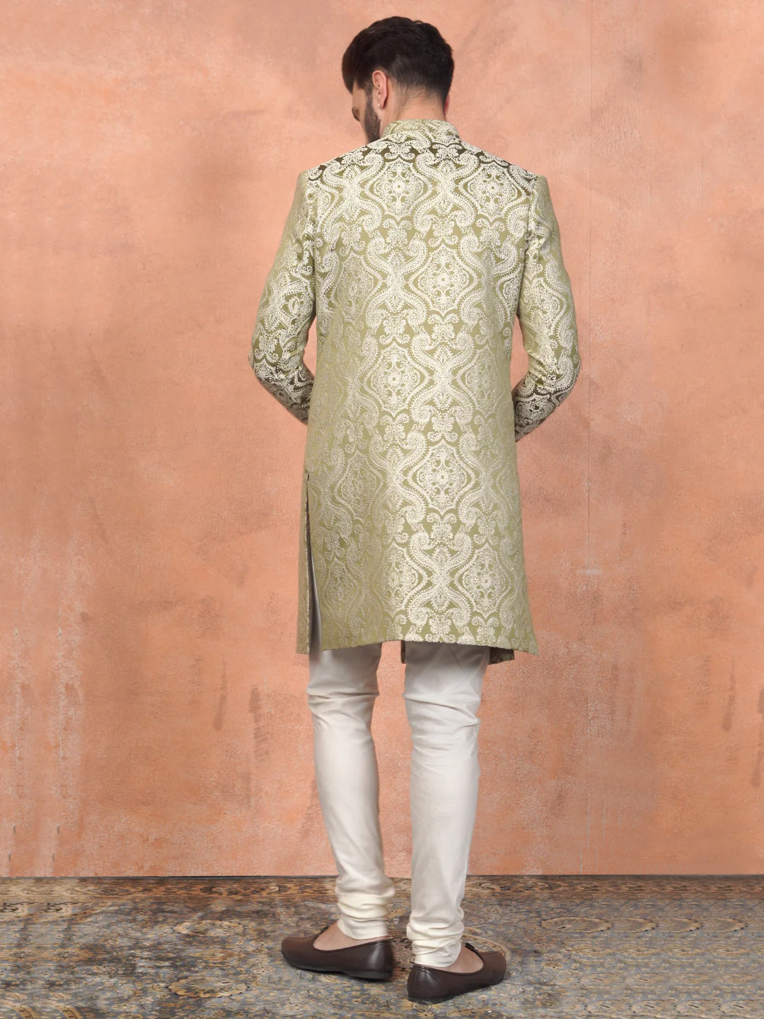 Light Green Textured Sherwani Churidar Set - Image 6