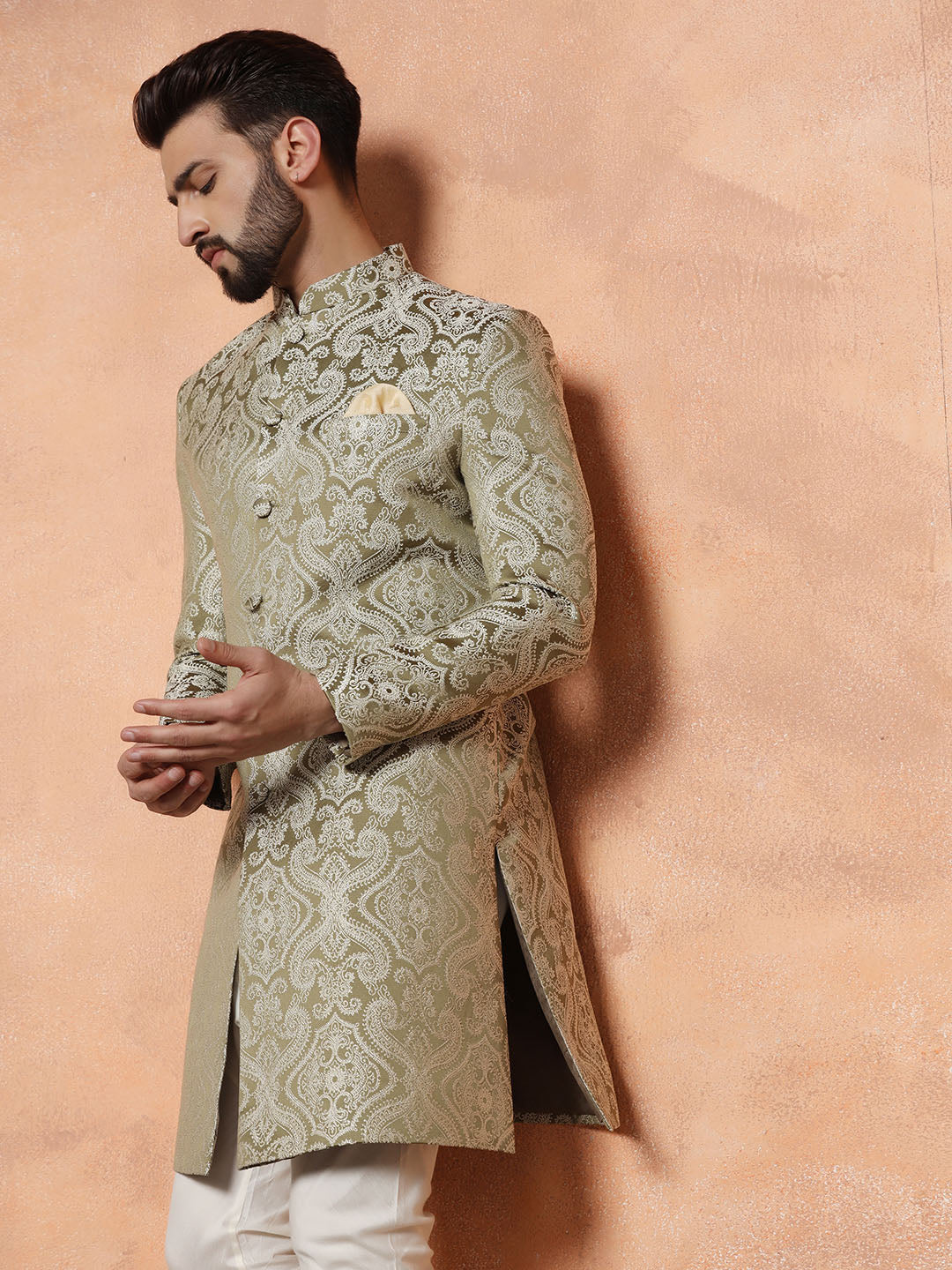 Light Green Textured Sherwani Churidar Set - Image 9