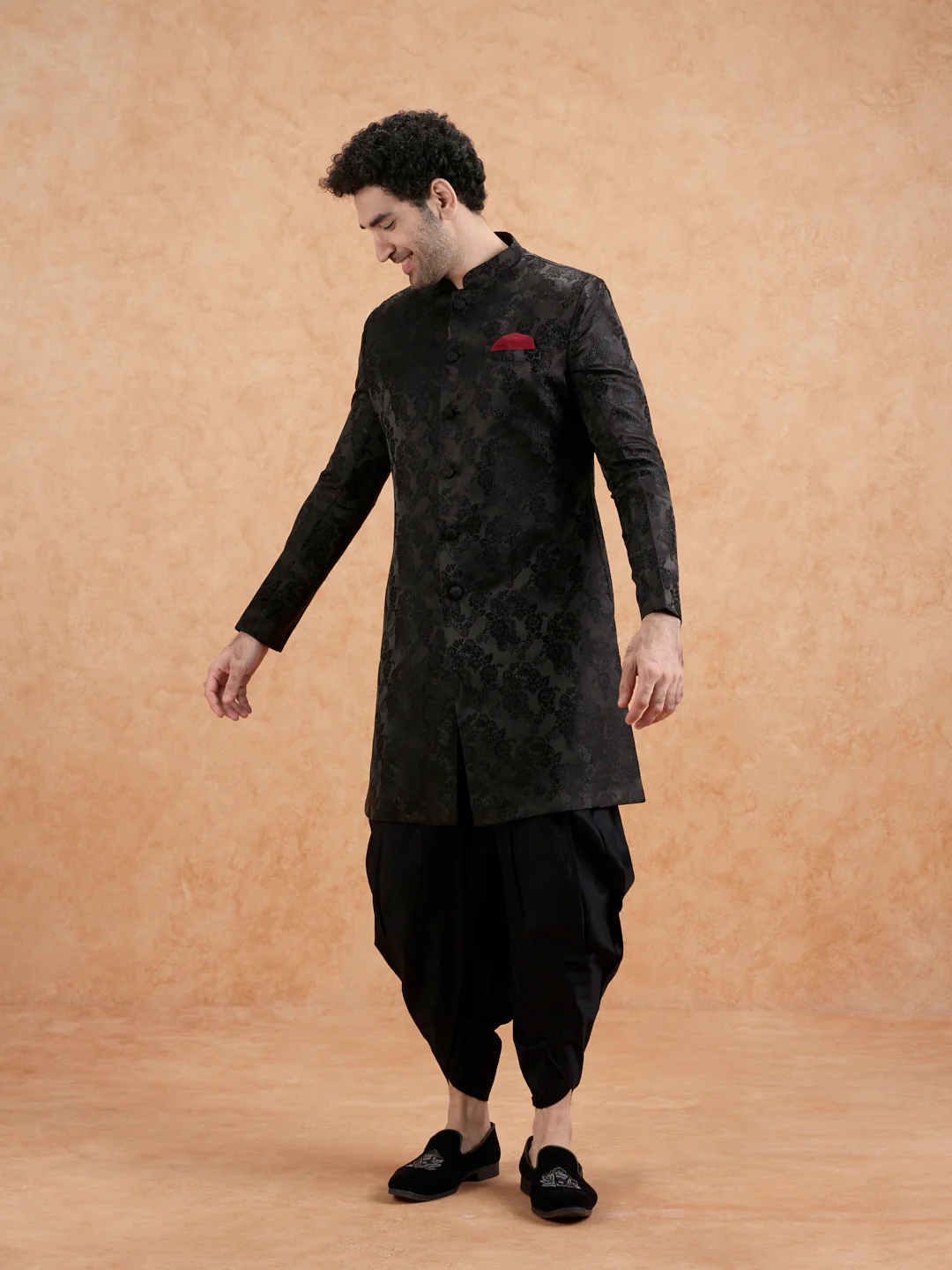 Men's Black Indowestern Set With Dhoti - Image 3