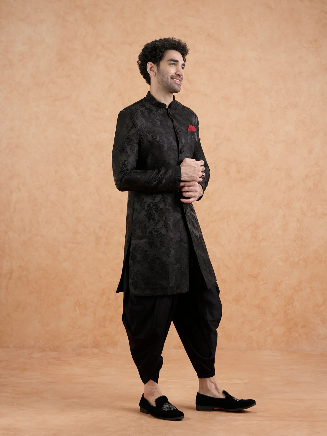 Men's Black Indowestern Set With Dhoti - Image 4