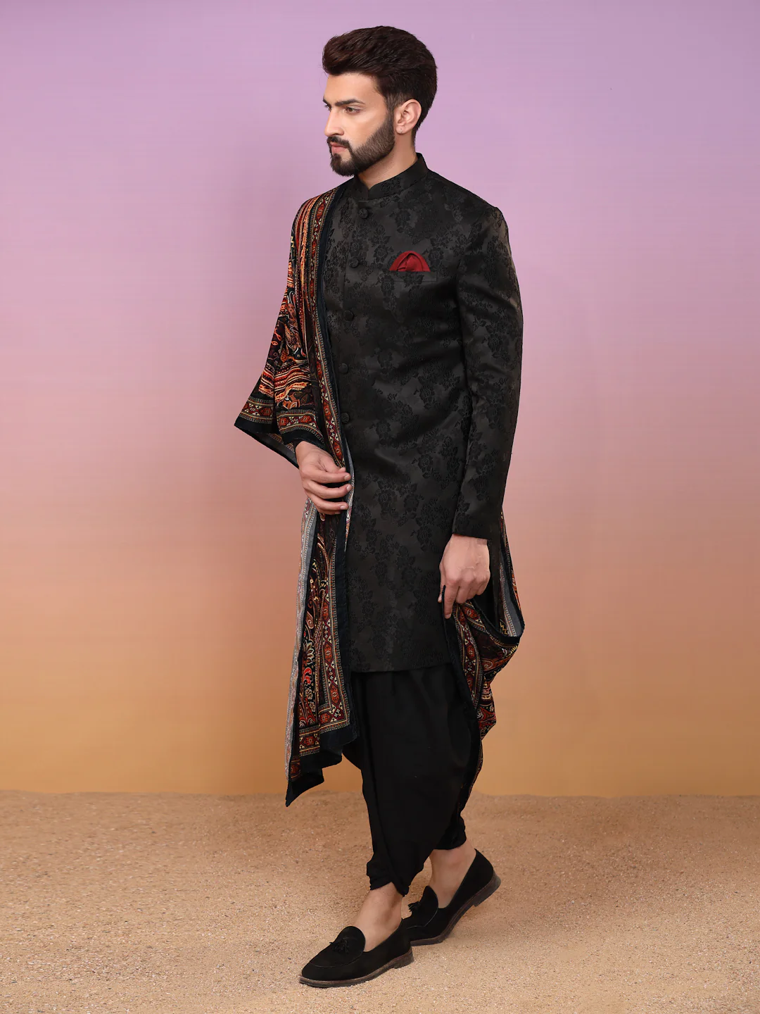 Black Jacquard Sherwani Dhoti Dupatta Set - Image 4