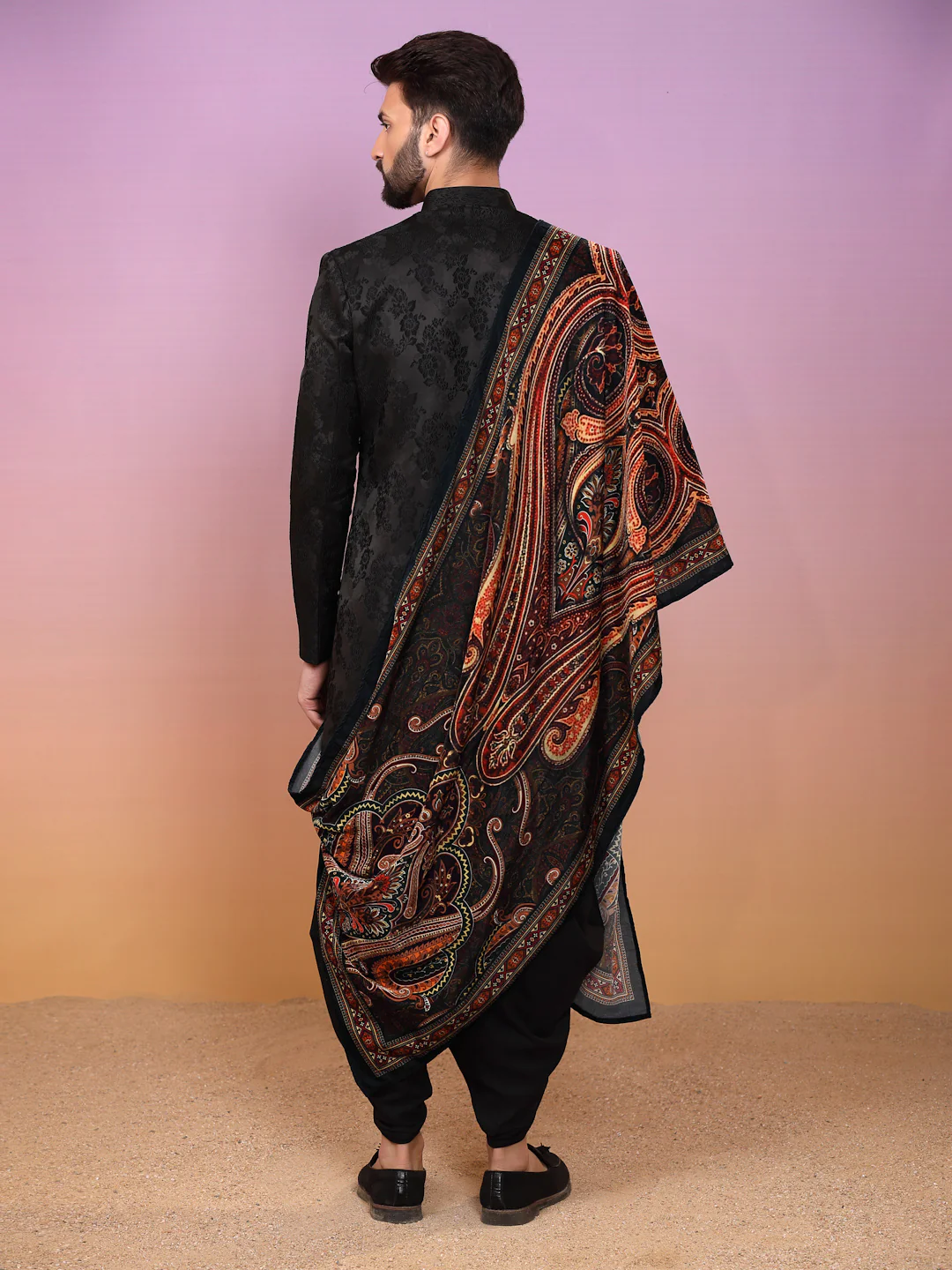 Black Jacquard Sherwani Dhoti Dupatta Set - Image 5