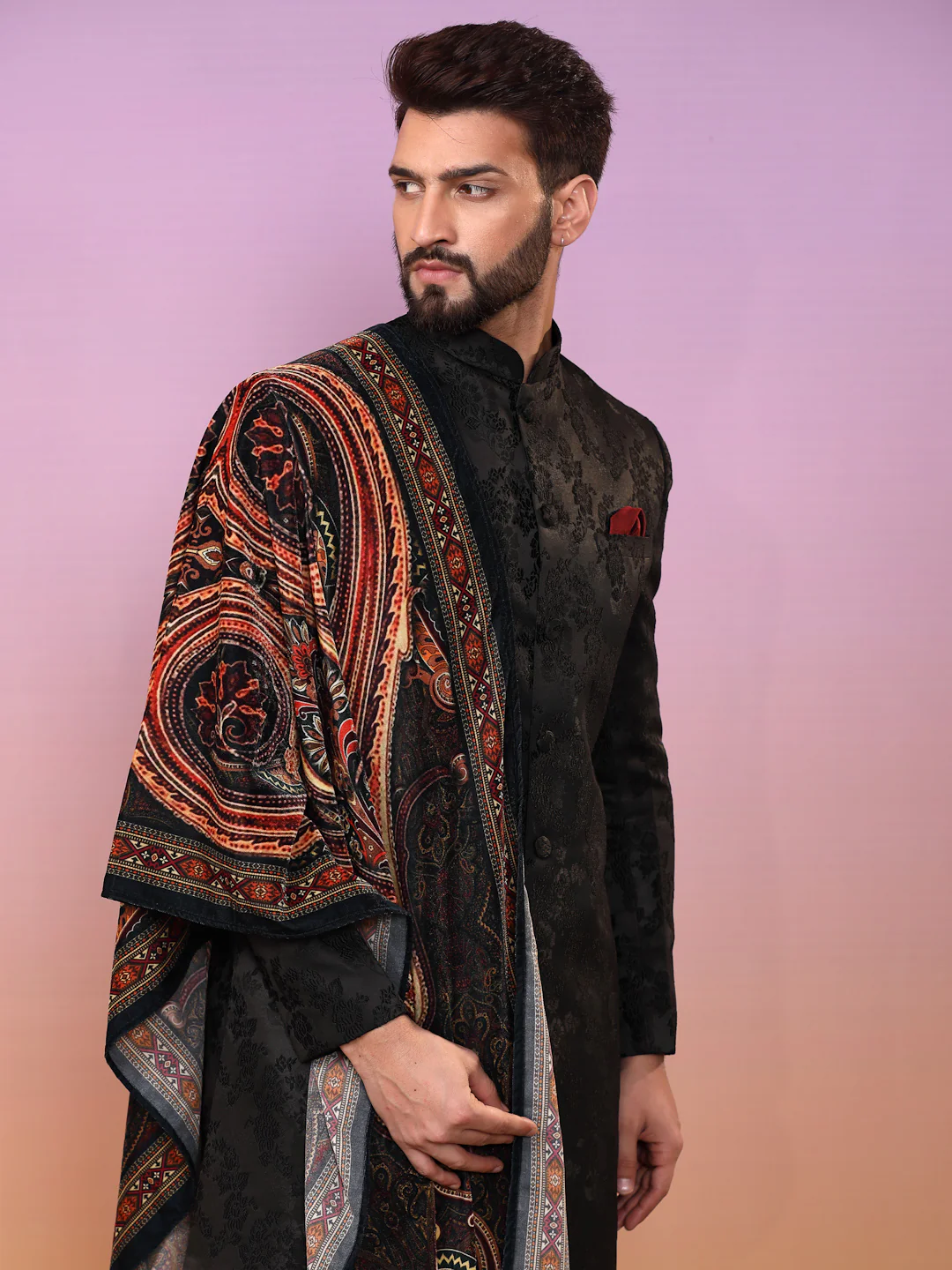 Black Jacquard Sherwani Dhoti Dupatta Set - Image 6