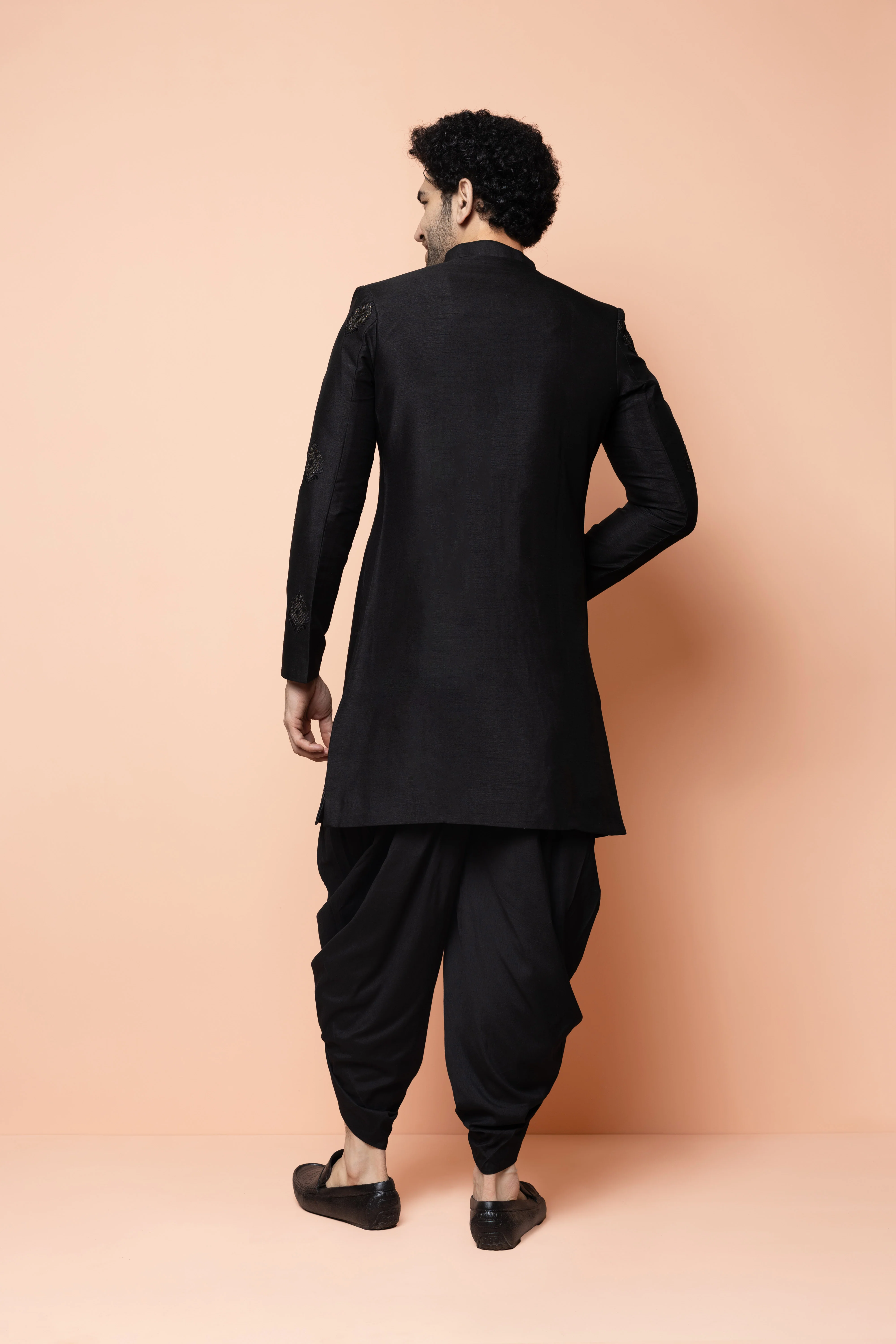 Men Black Embroidered Indowestern Dhoti Set - Image 4