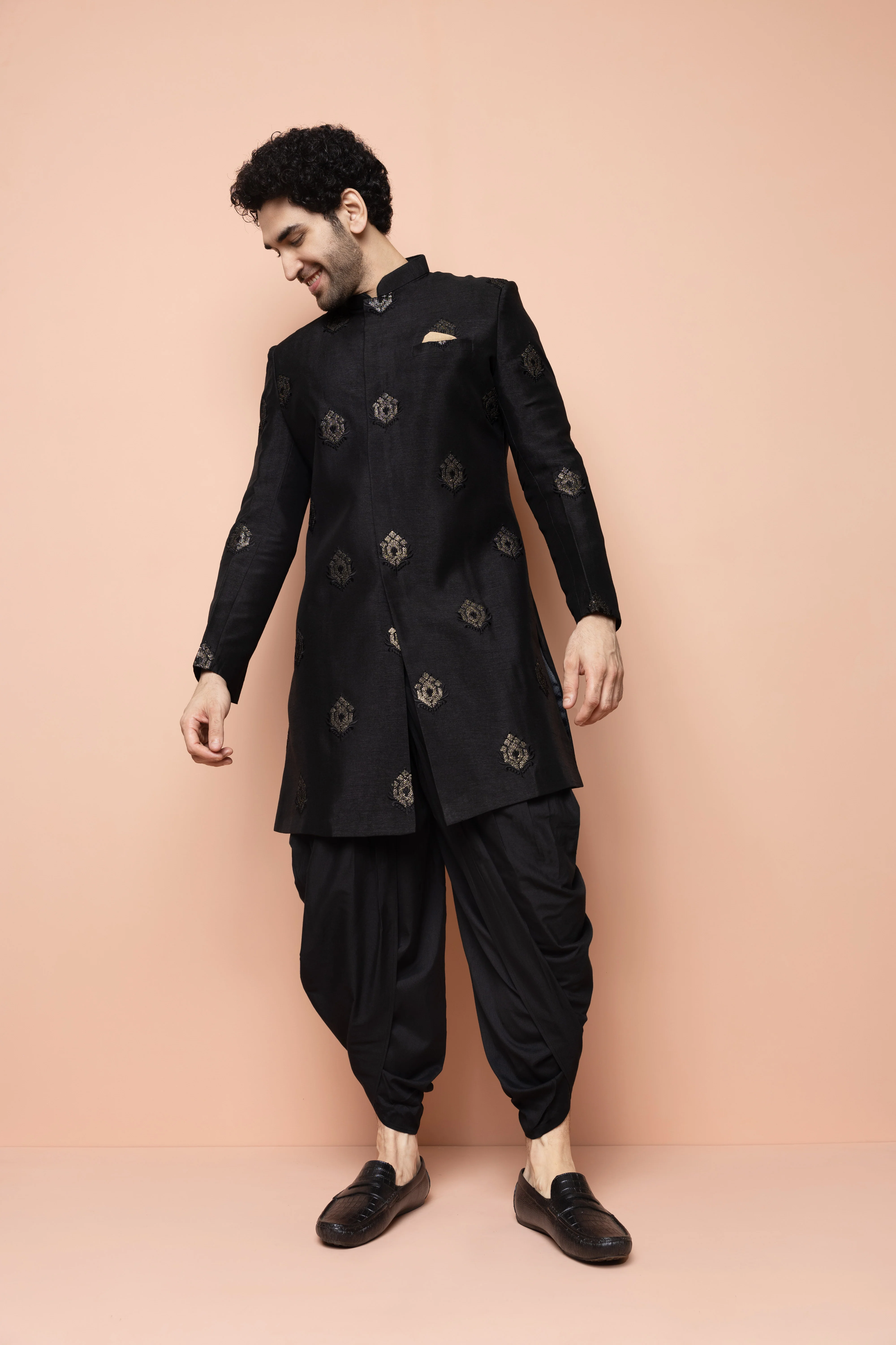 Men Black Embroidered Indowestern Dhoti Set - Image 7