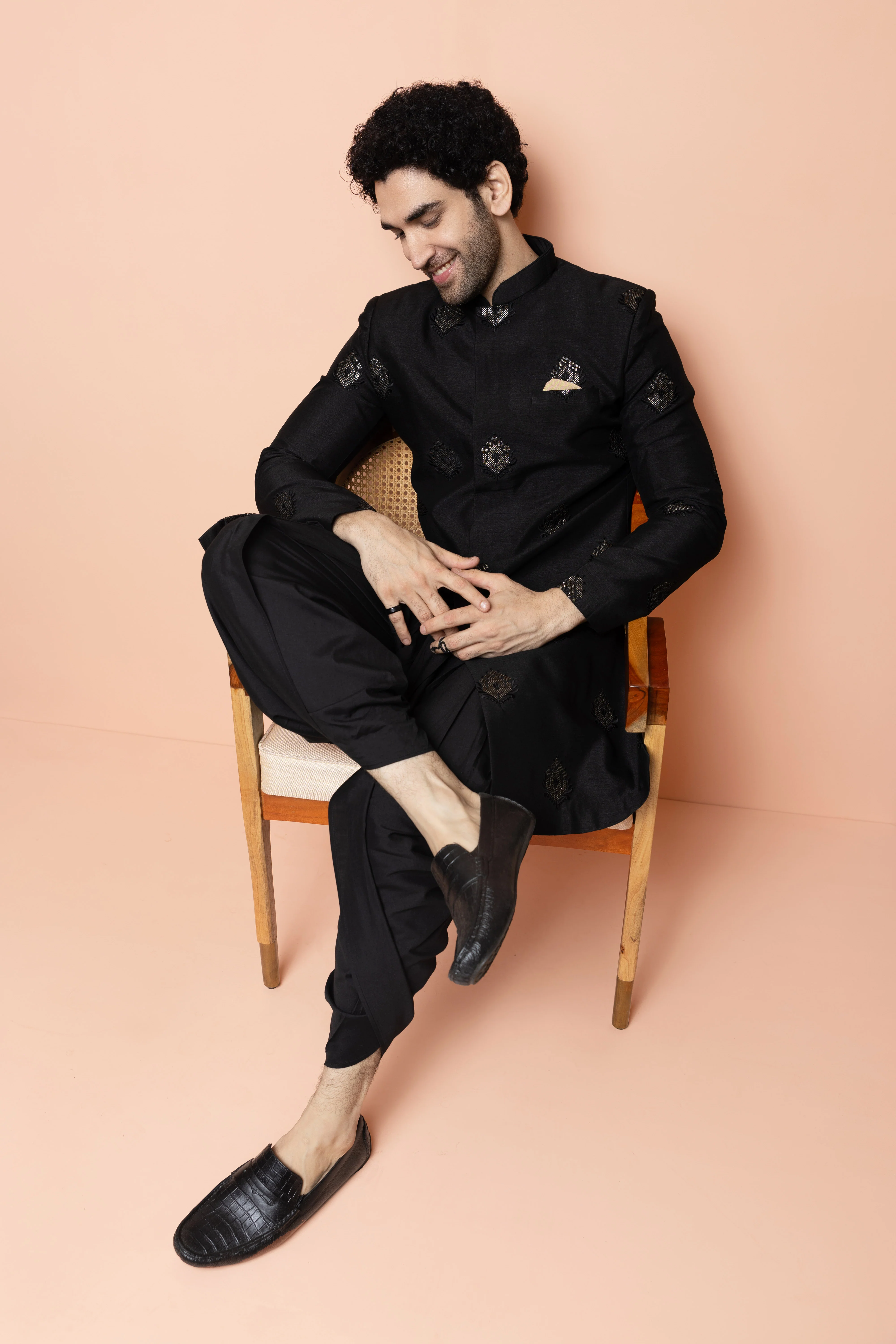 Men Black Embroidered Indowestern Dhoti Set - Image 8