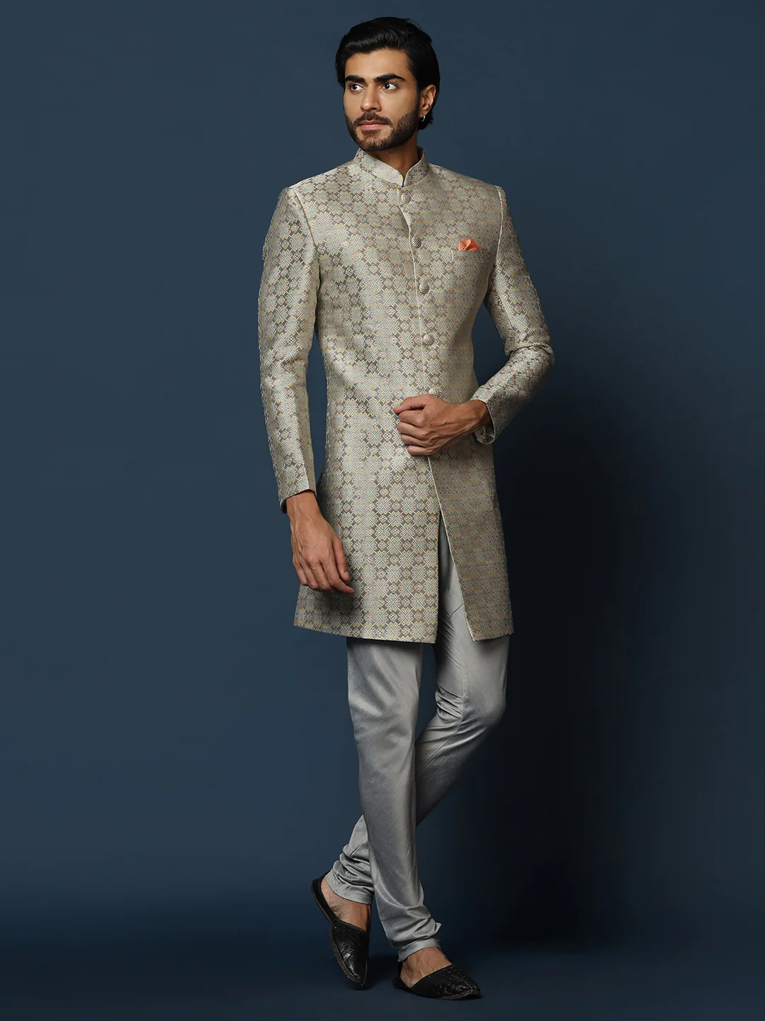 Grey Silk Blend Jacquard Sherwani with Churidar - Image 3