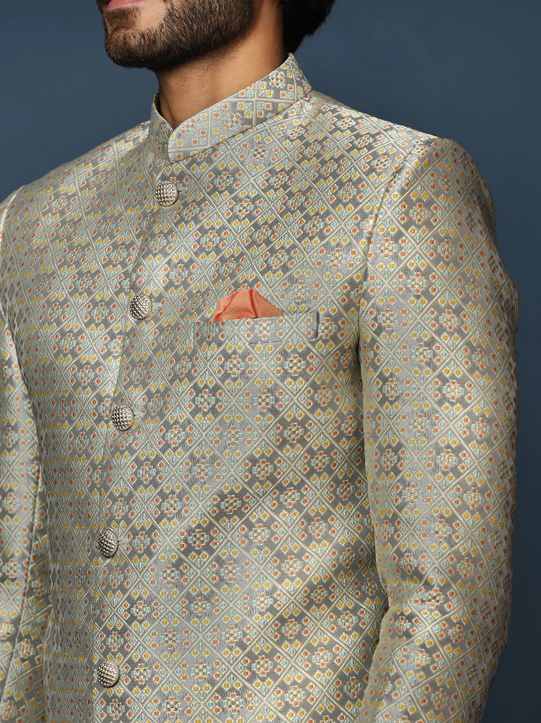 Grey Silk Blend Jacquard Sherwani with Churidar - Image 5