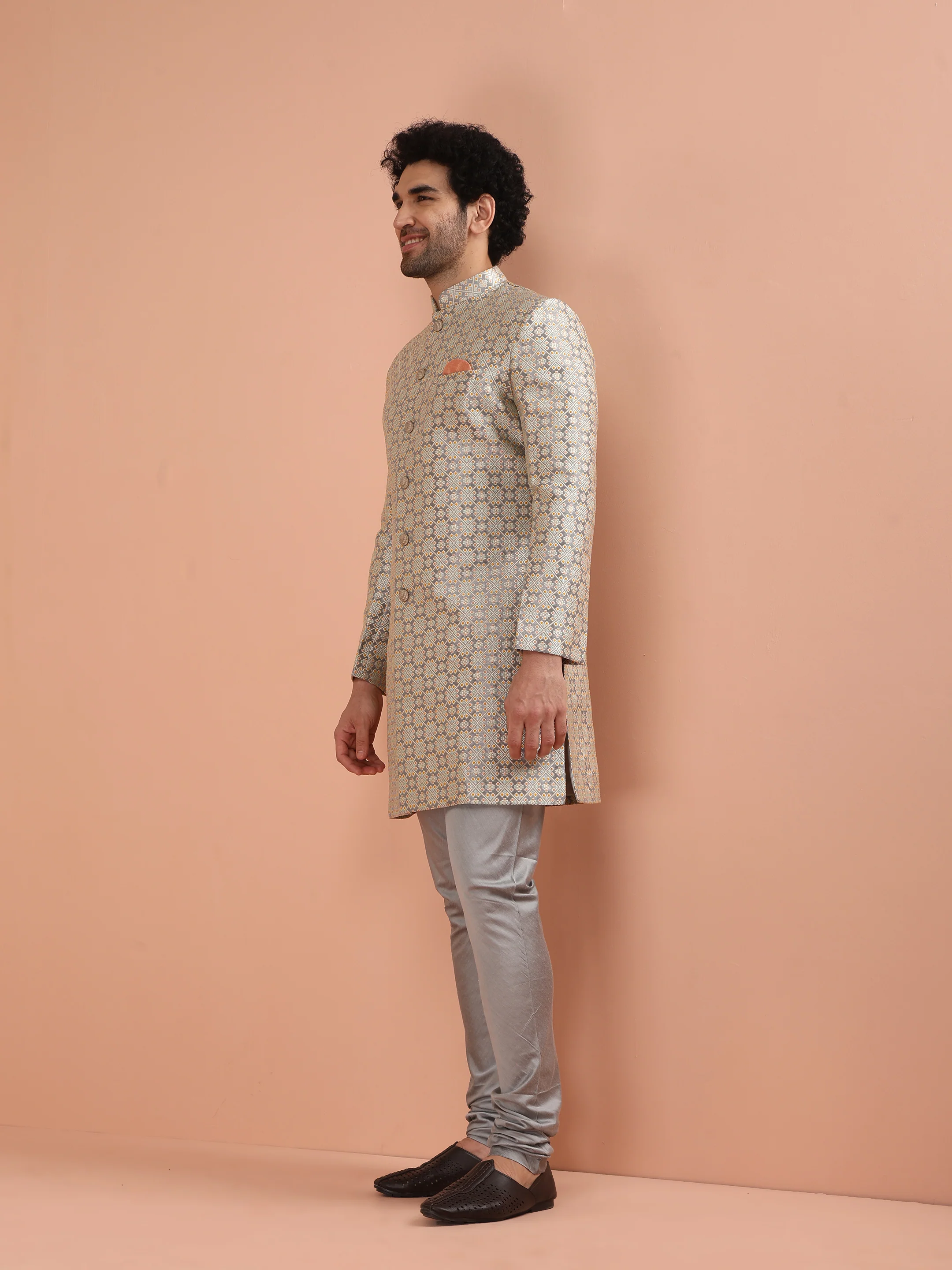 Cream Jacquard Sherwani Churidar Set - Image 2