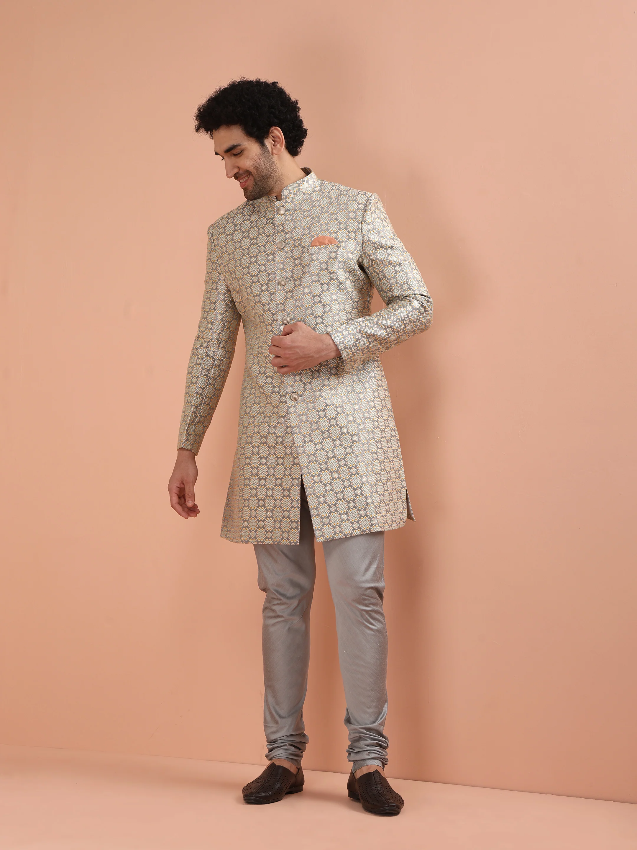 Cream Jacquard Sherwani Churidar Set - Image 8