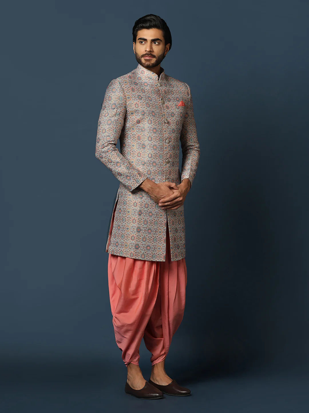 Grey Printed Sherwani with Peach Dhoti - Image 4