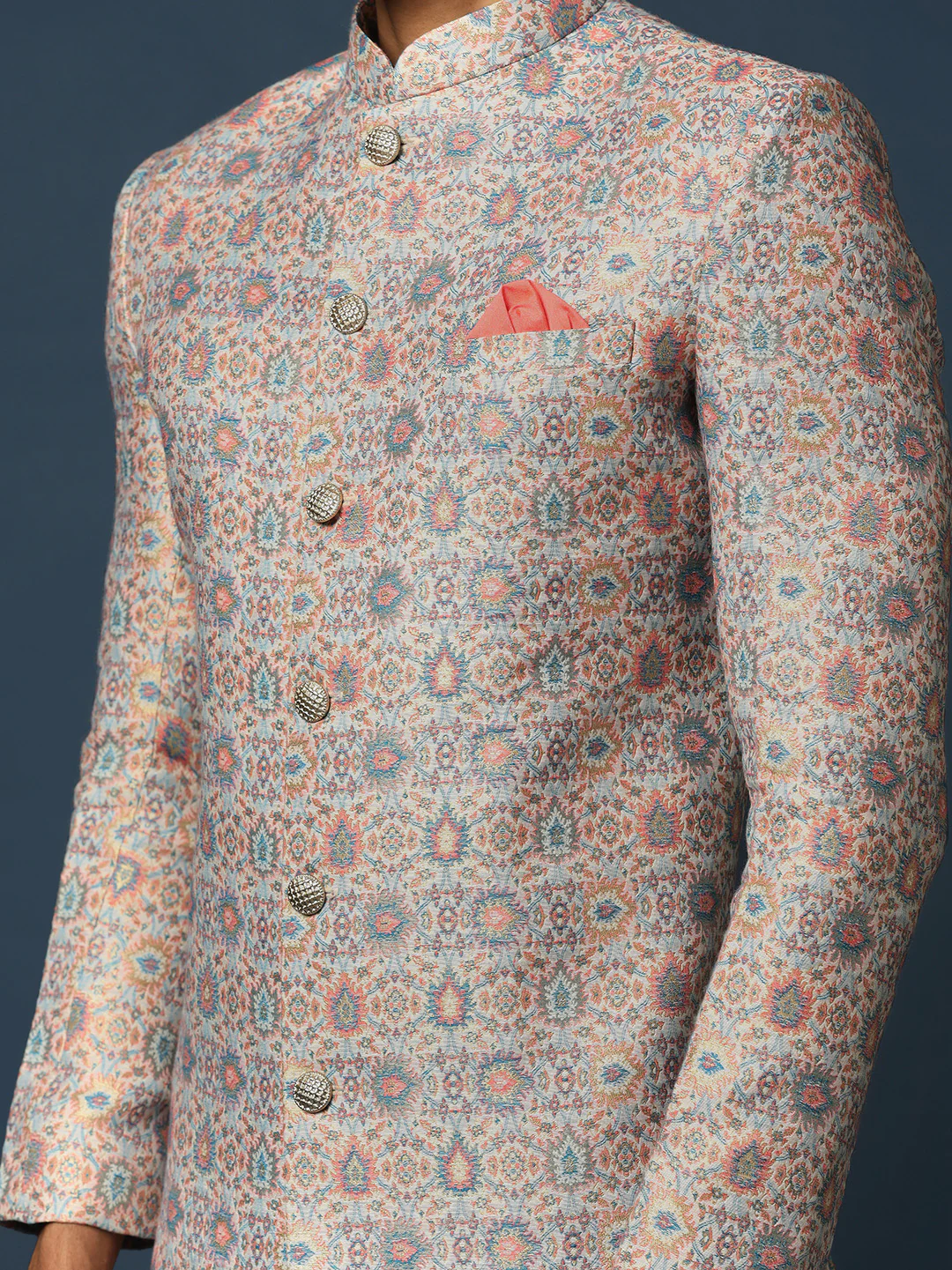 Grey Printed Sherwani with Peach Dhoti - Image 6