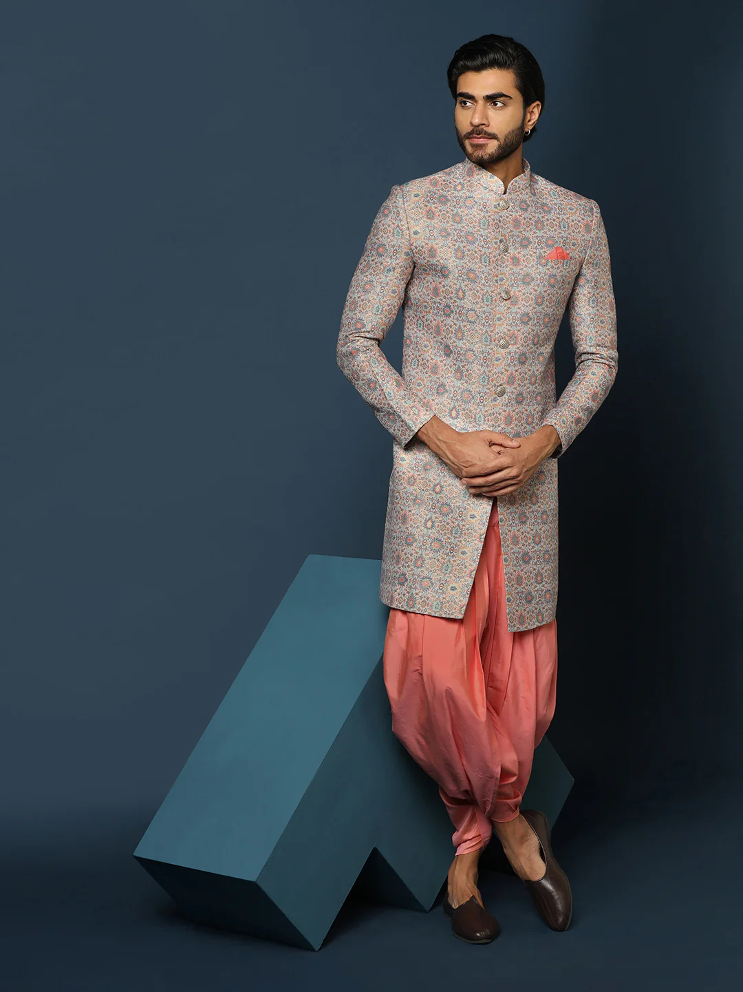 Grey Printed Sherwani with Peach Dhoti - Image 8