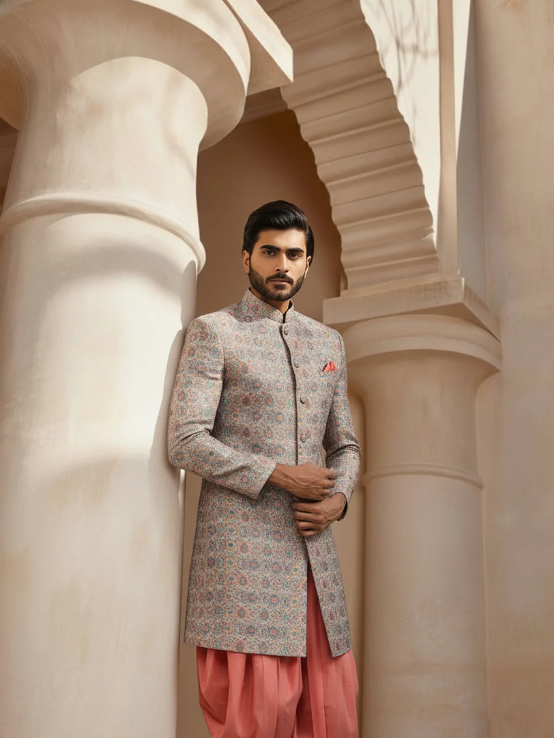 Grey Printed Sherwani with Peach Dhoti - Image 9