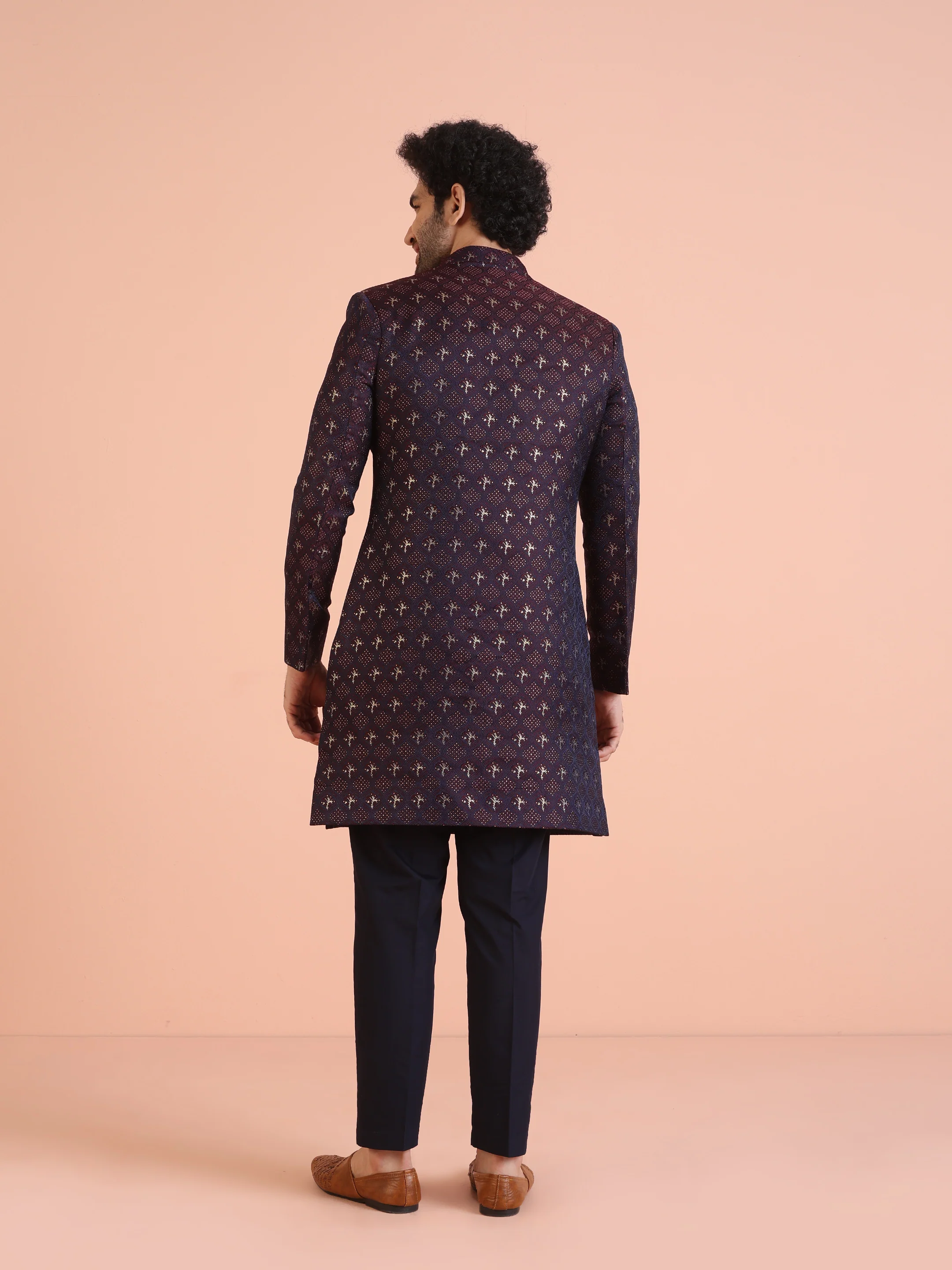 Men Purple & Wine Textured Indowestern Trouser Set - Image 4