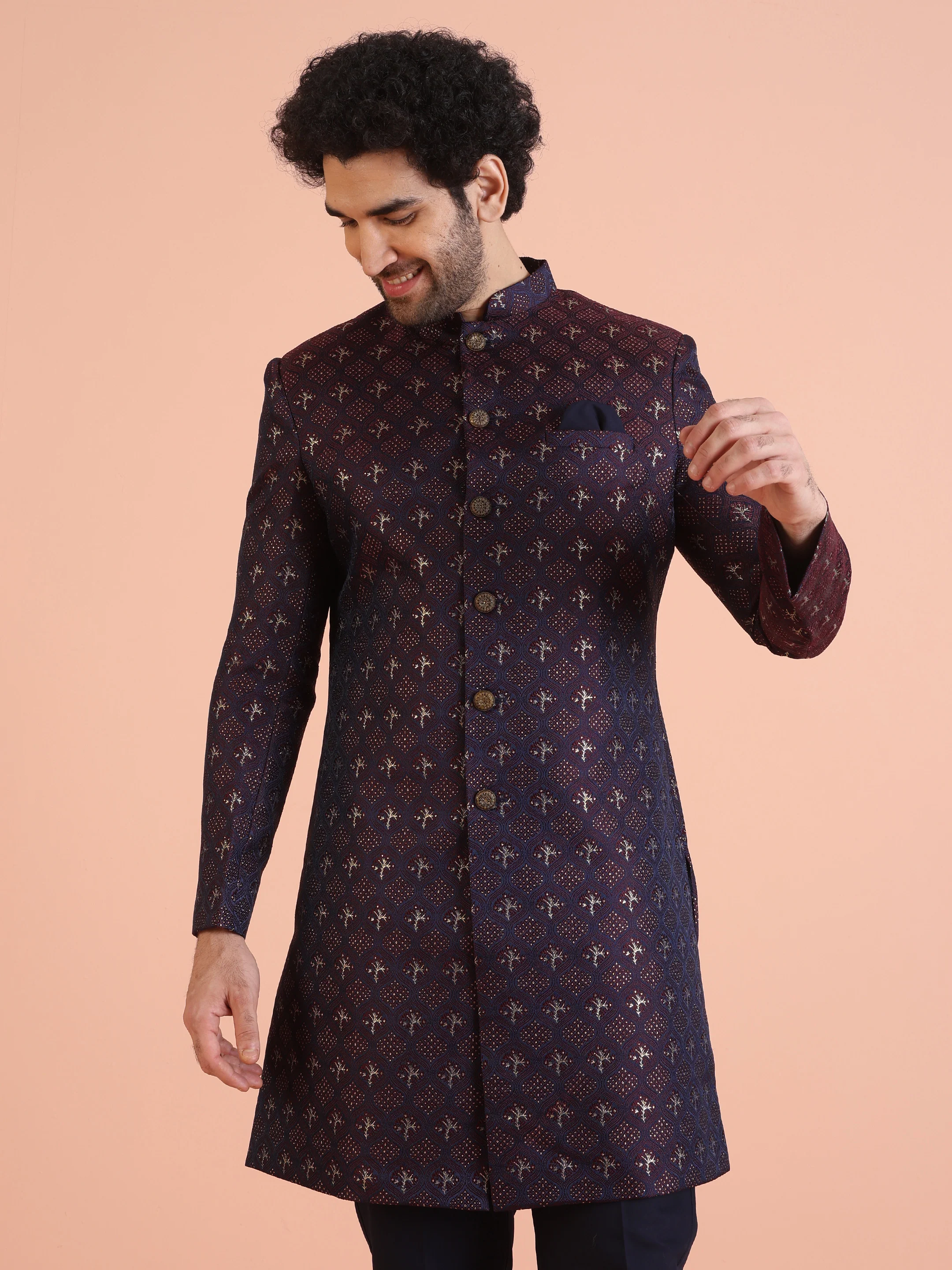 Men Purple & Wine Textured Indowestern Trouser Set - Image 7