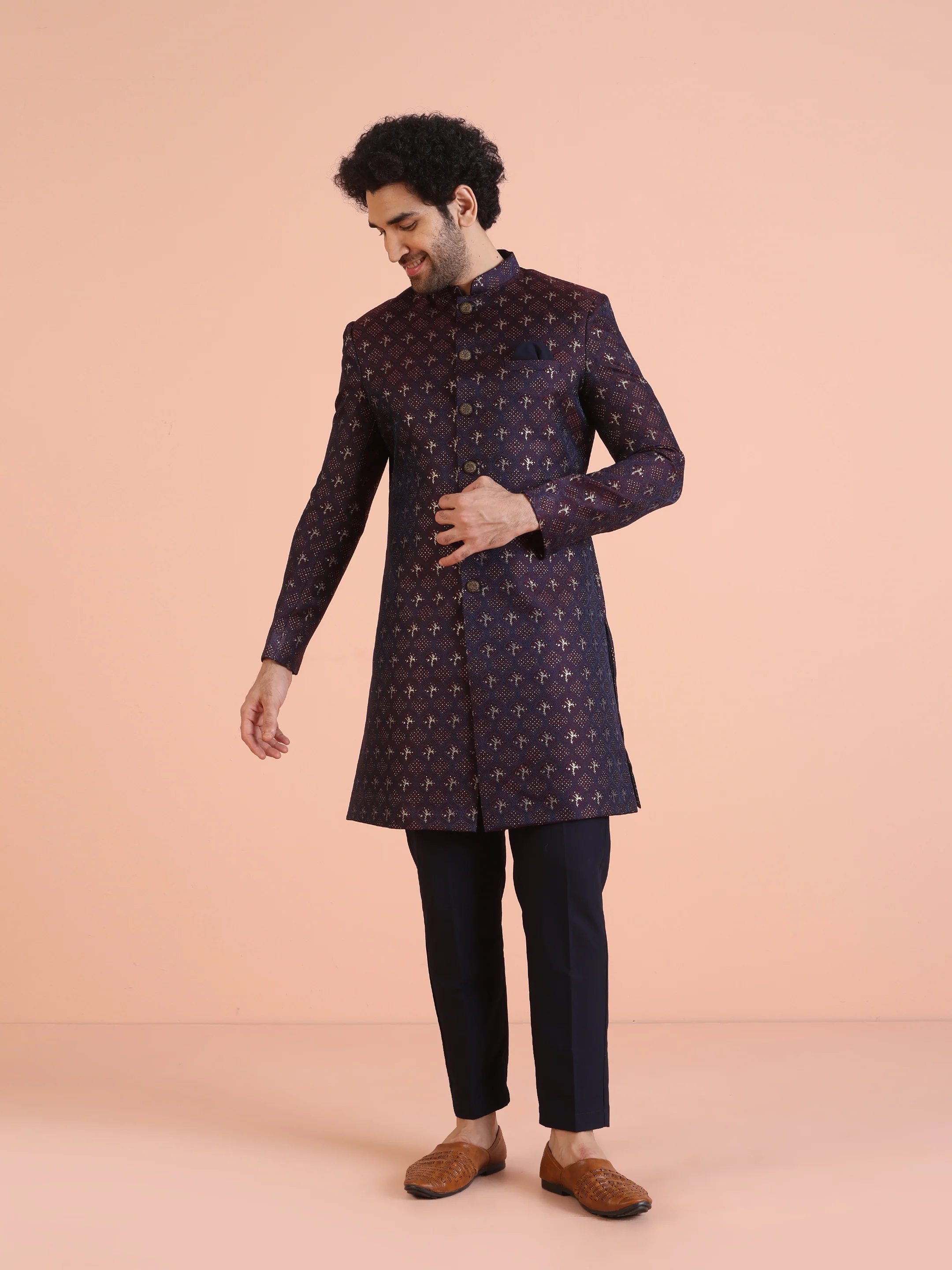 Men Purple & Wine Textured Indowestern Trouser Set - Image 8