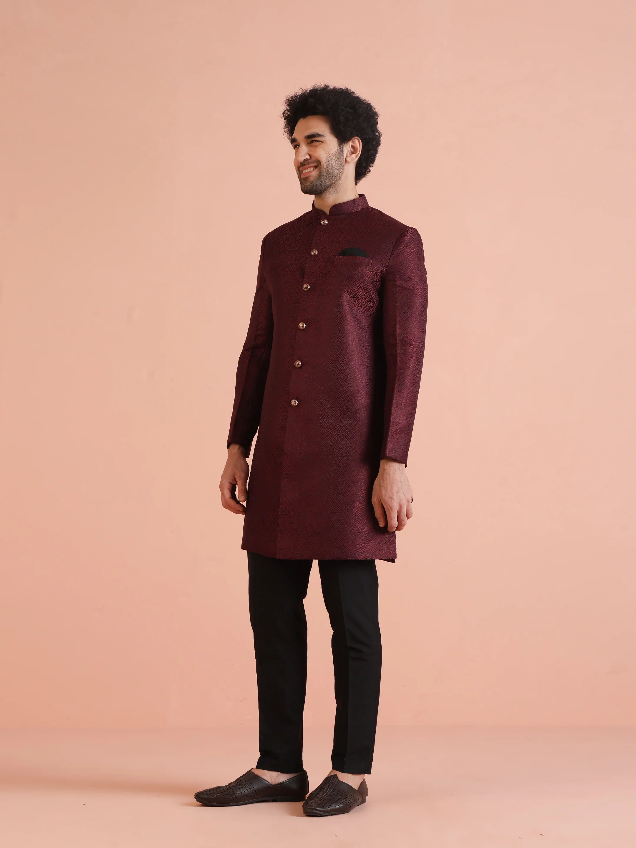 Maroon Textured Sherwani Trouser Set - Image 2